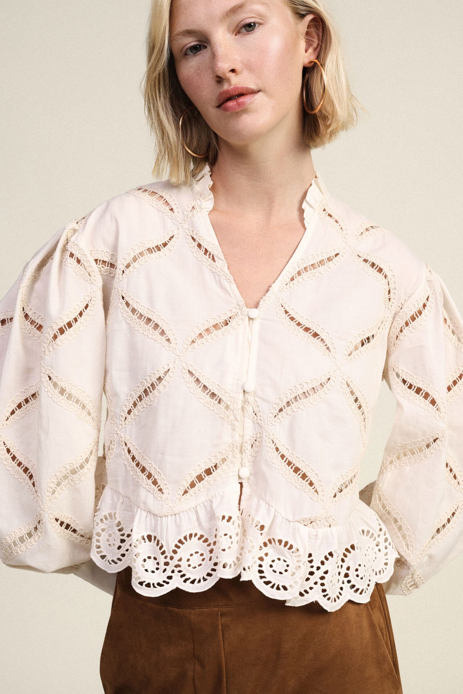 Embroidered Shirt With Wide Sleeves And Scalloped Hemline Dixie