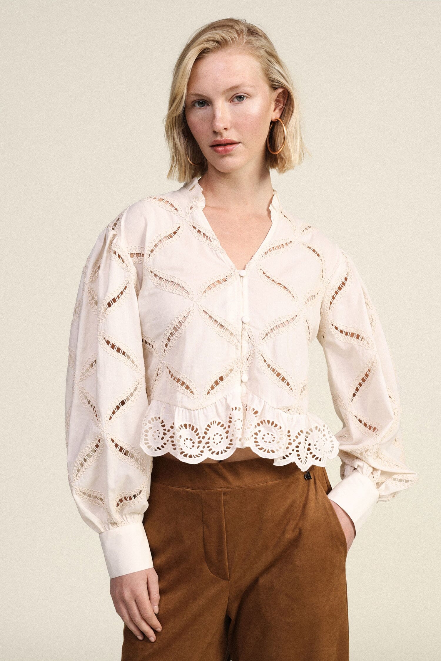 Embroidered Shirt With Wide Sleeves And Scalloped Hemline Dixie