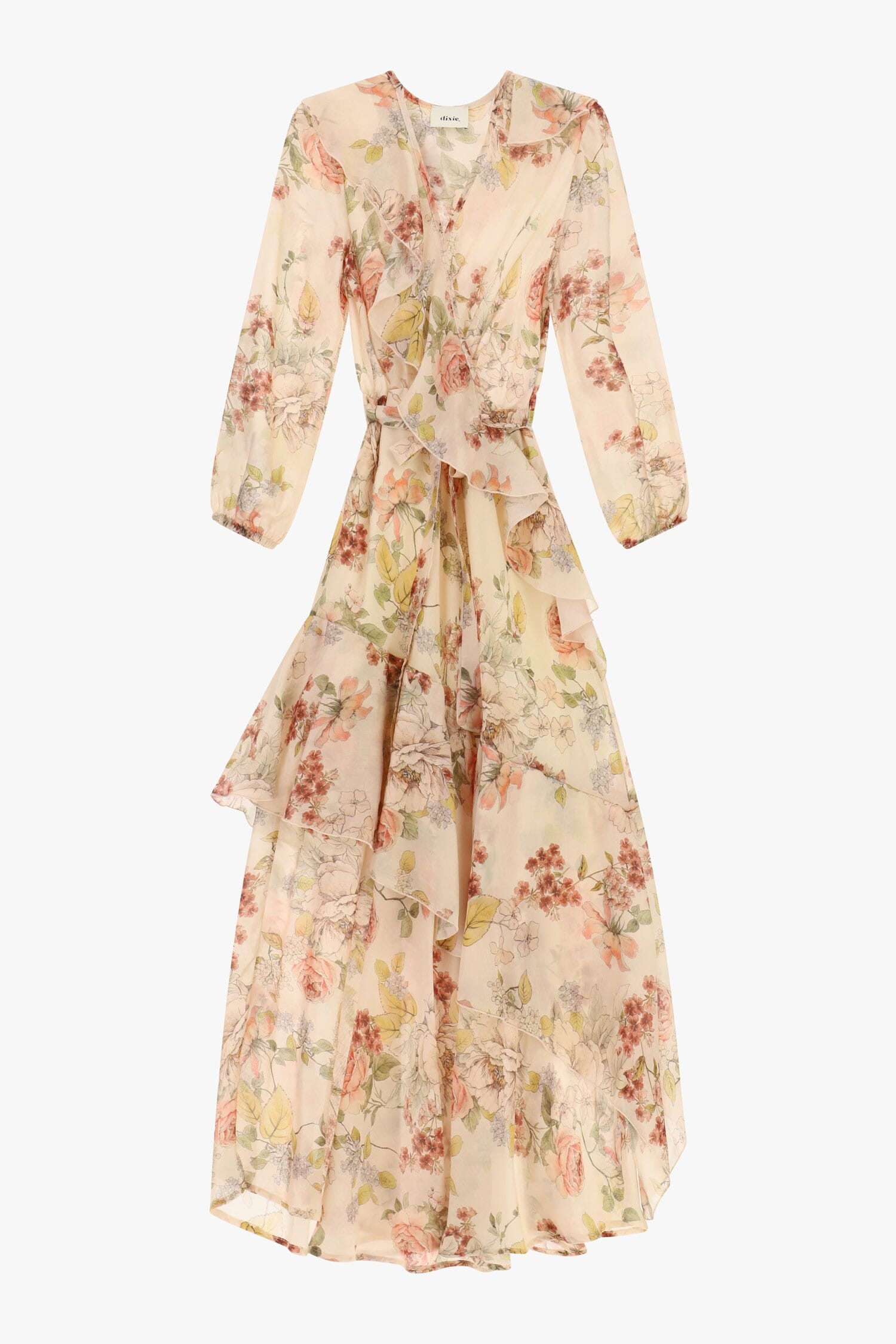 Robe longue à imprimé floral et volants asymétriques Dixie