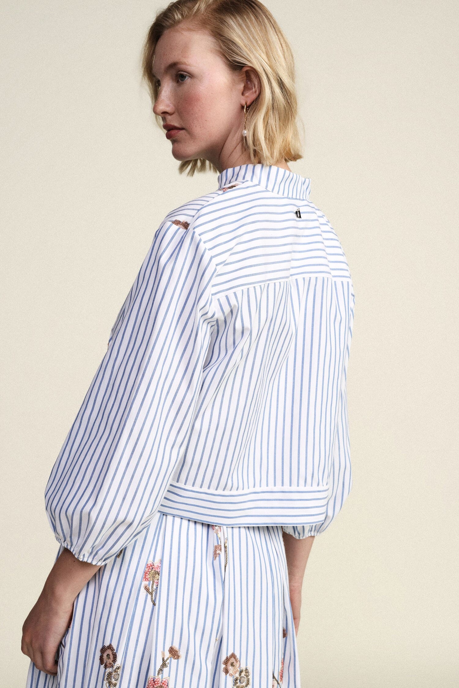 Striped Shirt With Floral Embroidery And Dixie Knot Closure