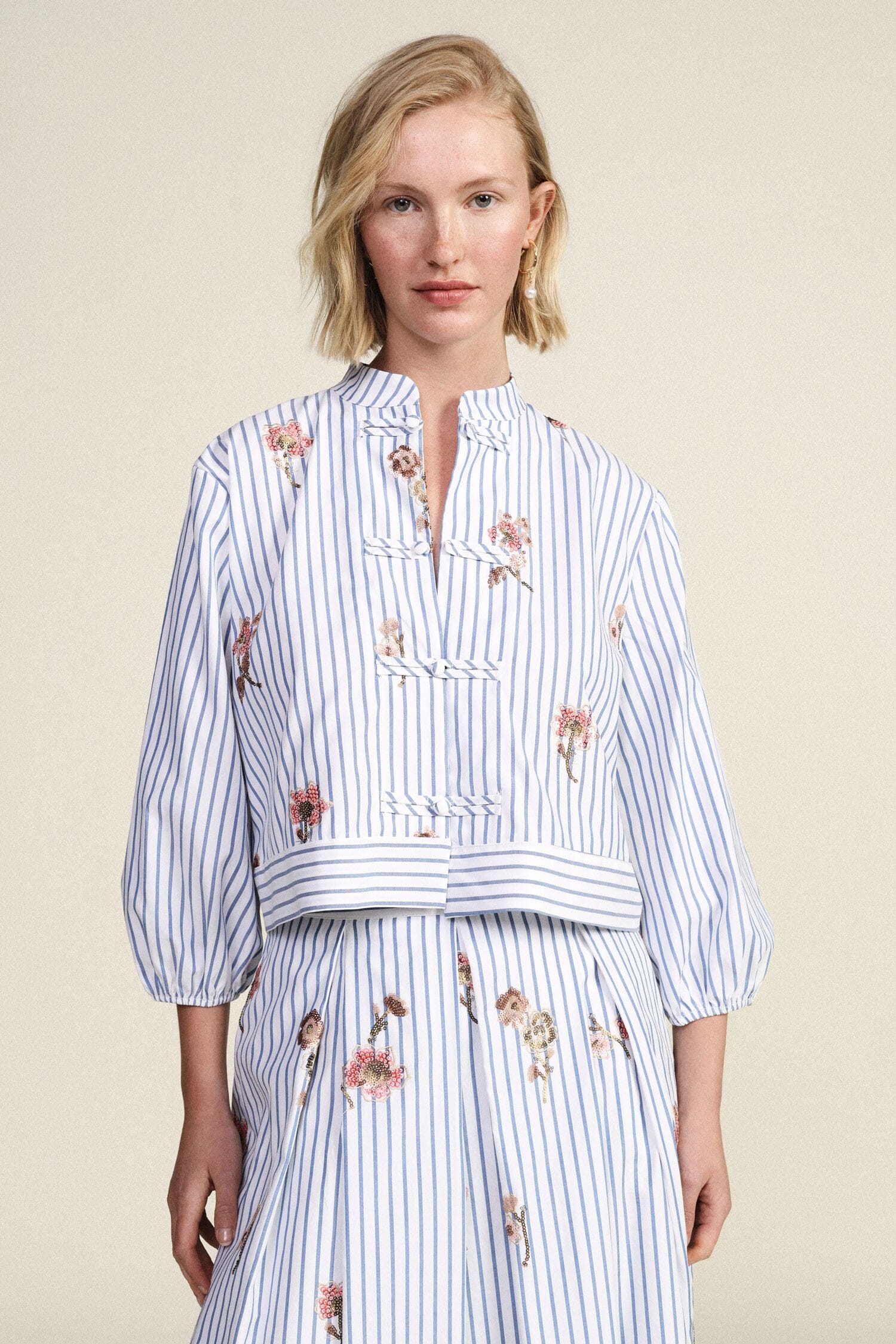 Striped Shirt With Floral Embroidery And Dixie Knot Closure