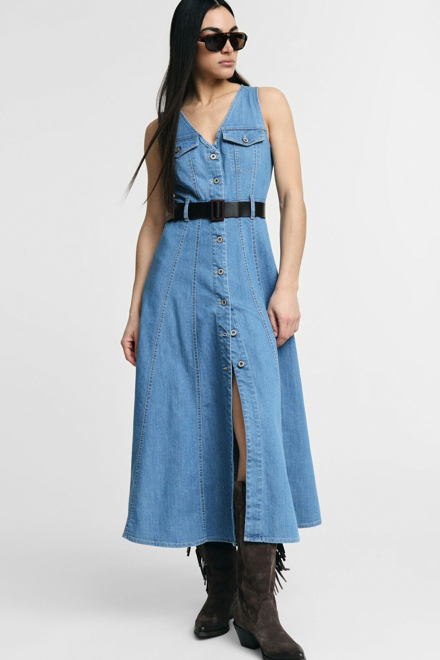 Midi Dress Flared With Front Pockets And Belt Please