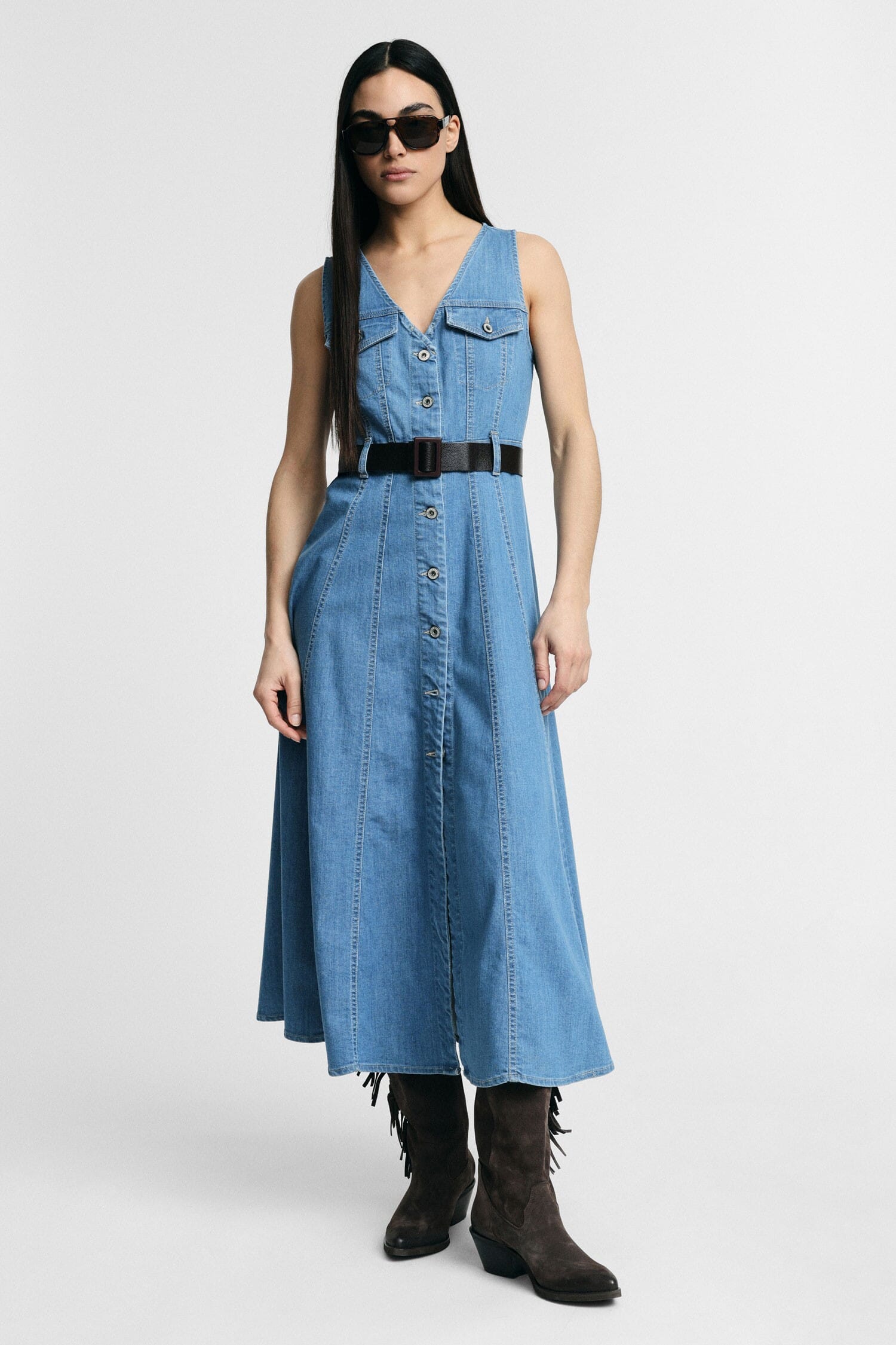 Midi Dress Flared With Front Pockets And Belt Please