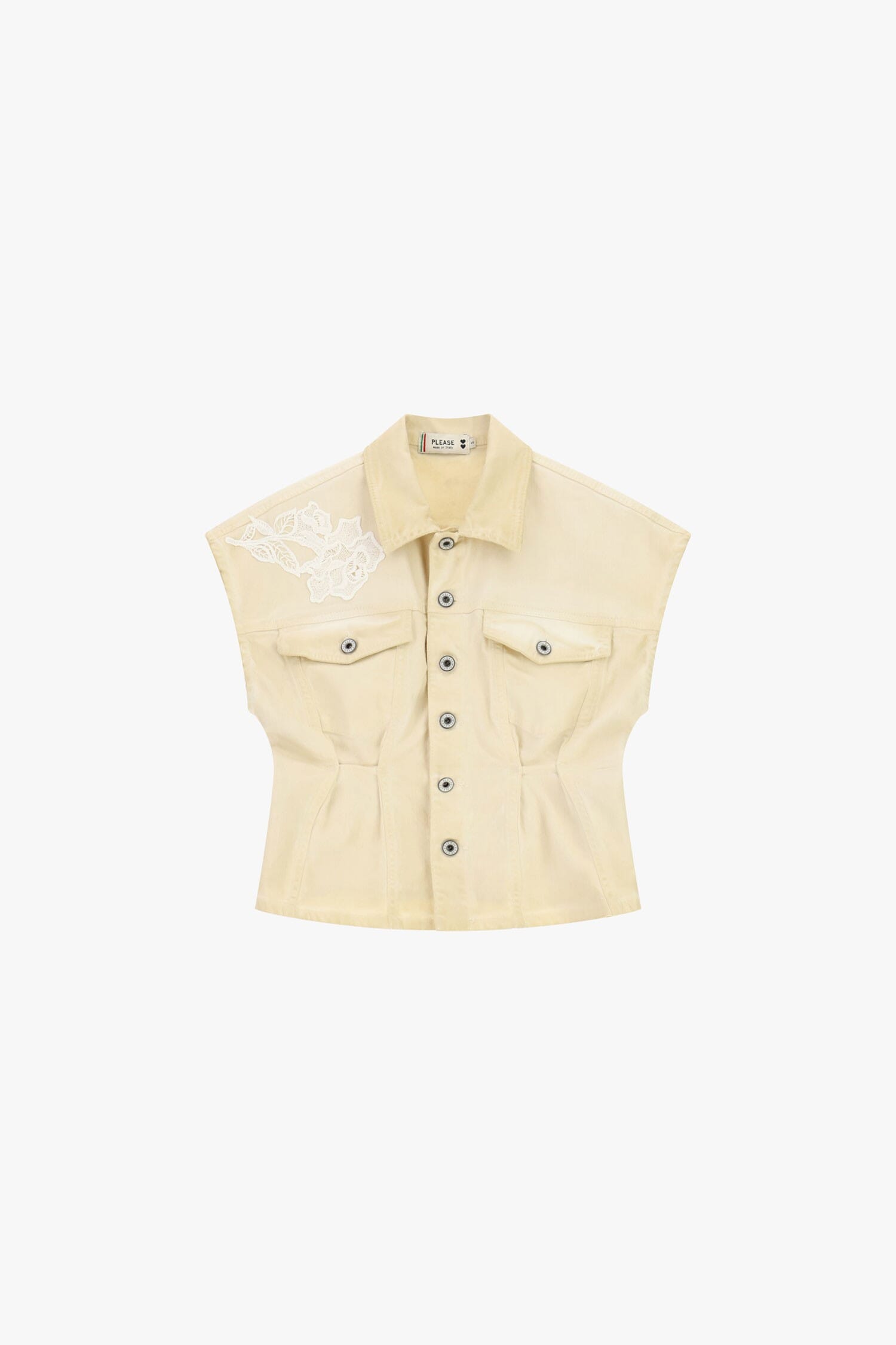 Veste courte en jean avec épaules larges et détails brodés Please