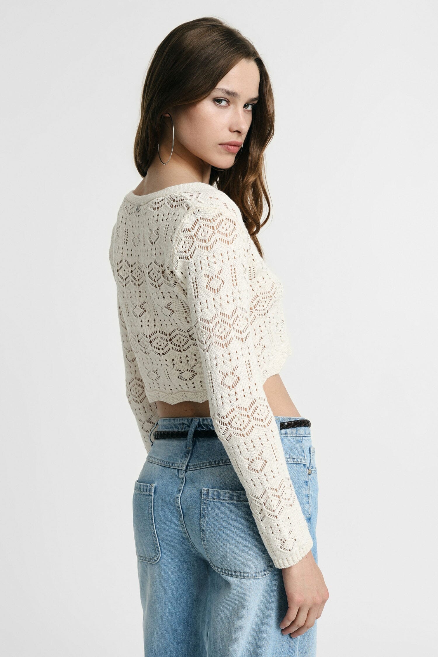 Cardigan court perforé à manches longues Please