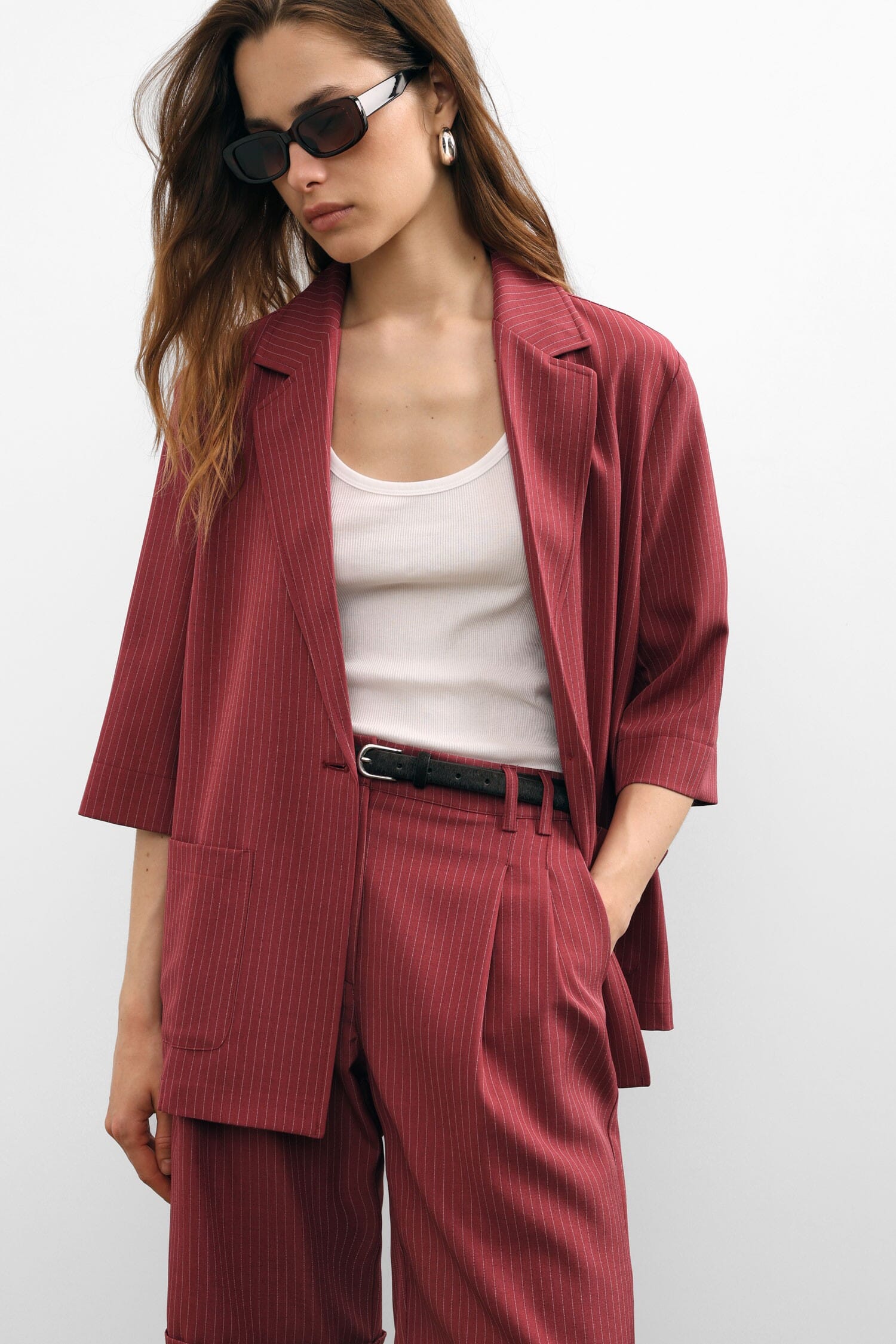 Blazer A Righe Con Maniche Tre Quarti E Chiusura A Bottone Please