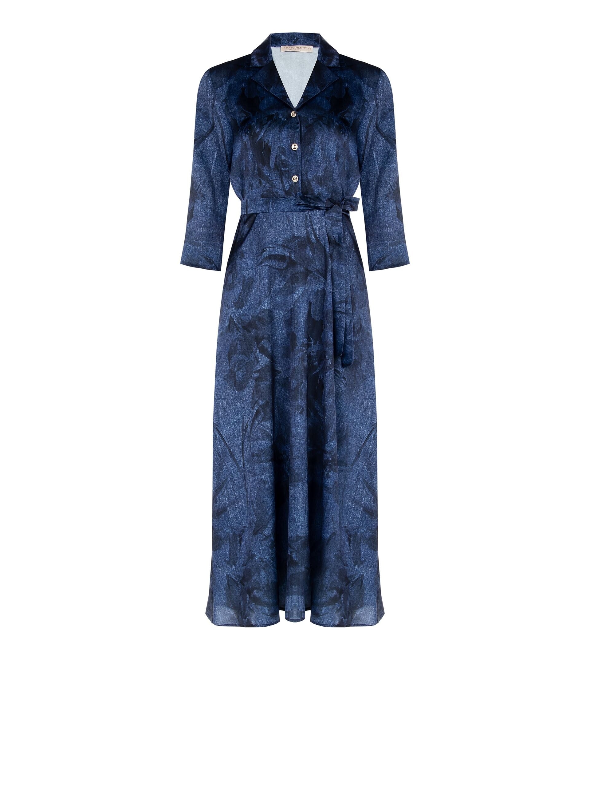 Denim Effect Print Chemisier Long Dress With Rinascimento Belt