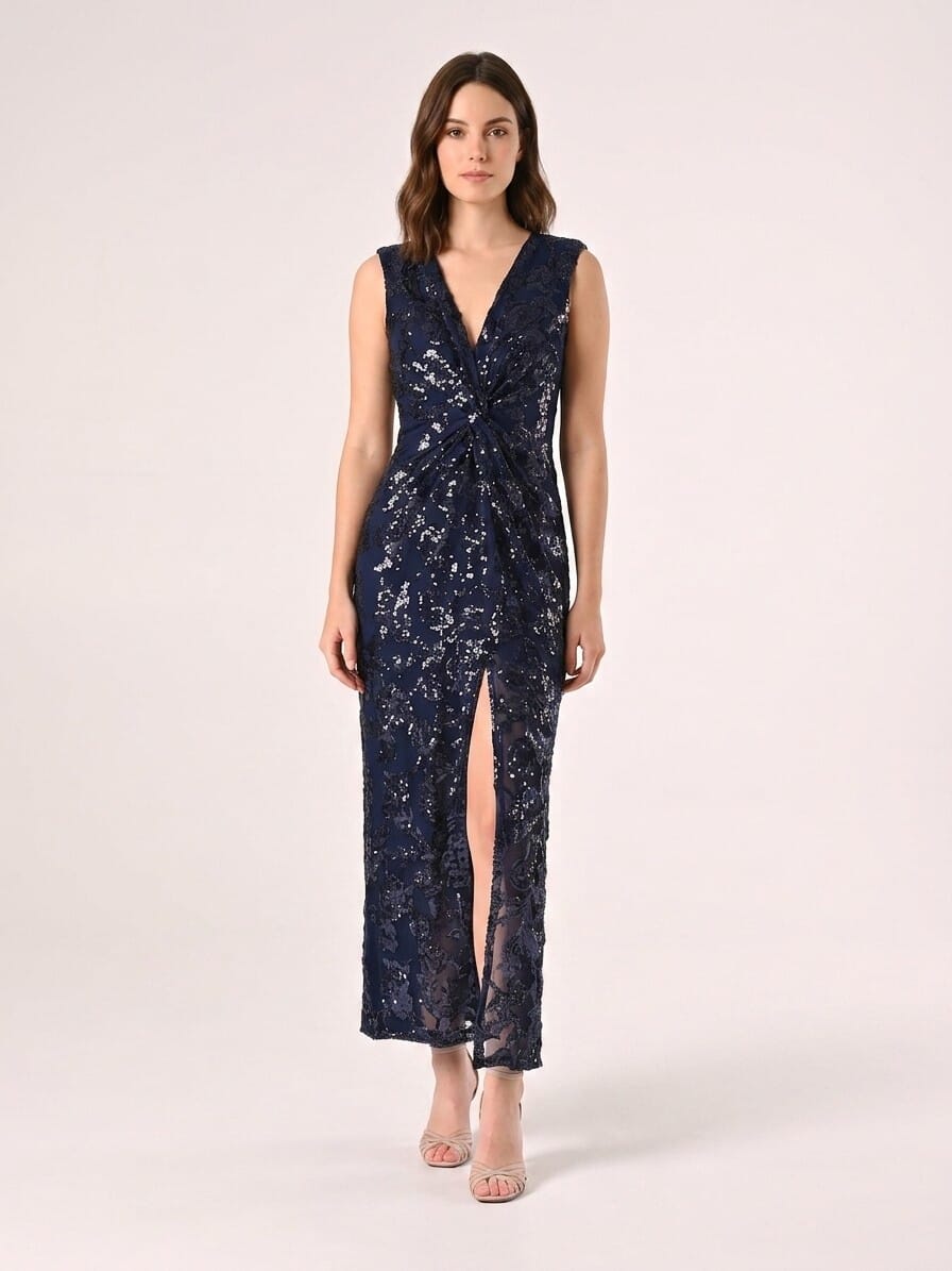 Rinascimento Long Mesh Sheath Dress With Sequins And Front Slit