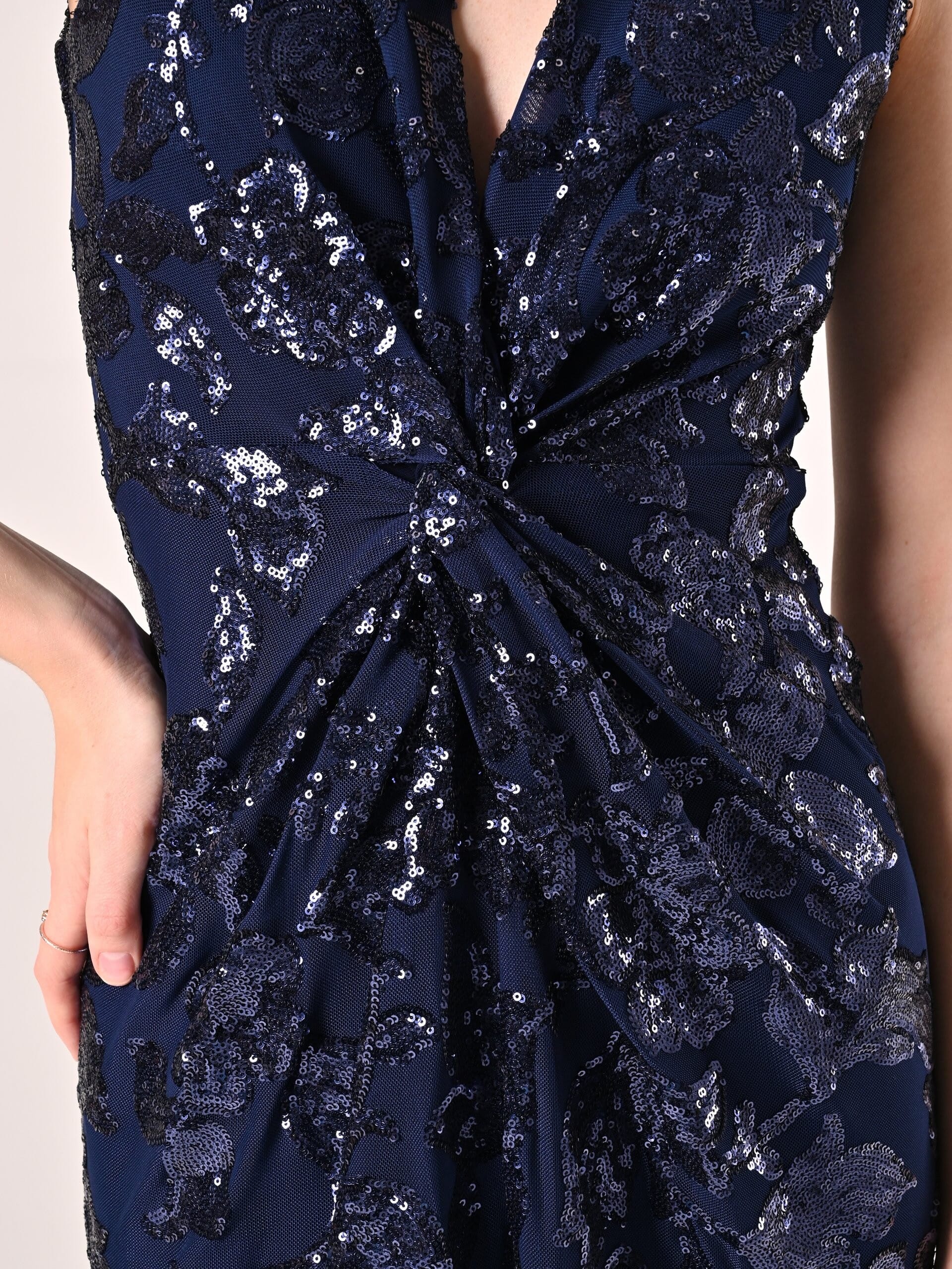 Rinascimento Long Mesh Sheath Dress With Sequins And Front Slit