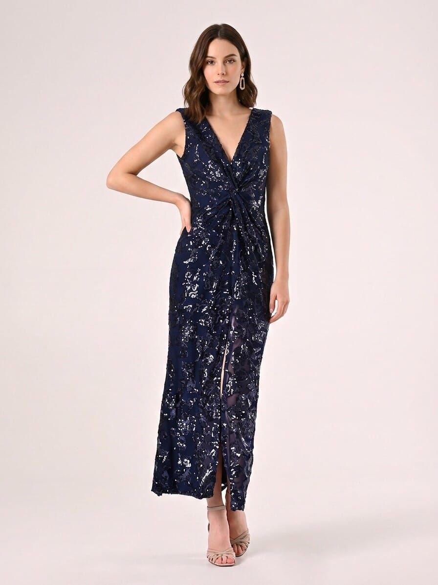 Rinascimento Long Mesh Sheath Dress With Sequins And Front Slit