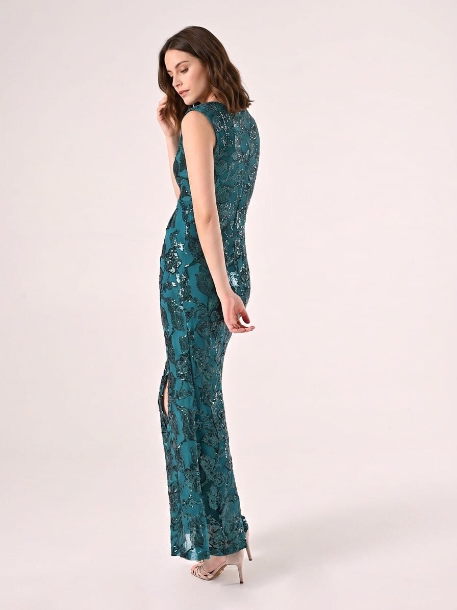 Rinascimento Long Mesh Sheath Dress With Sequins And Front Slit