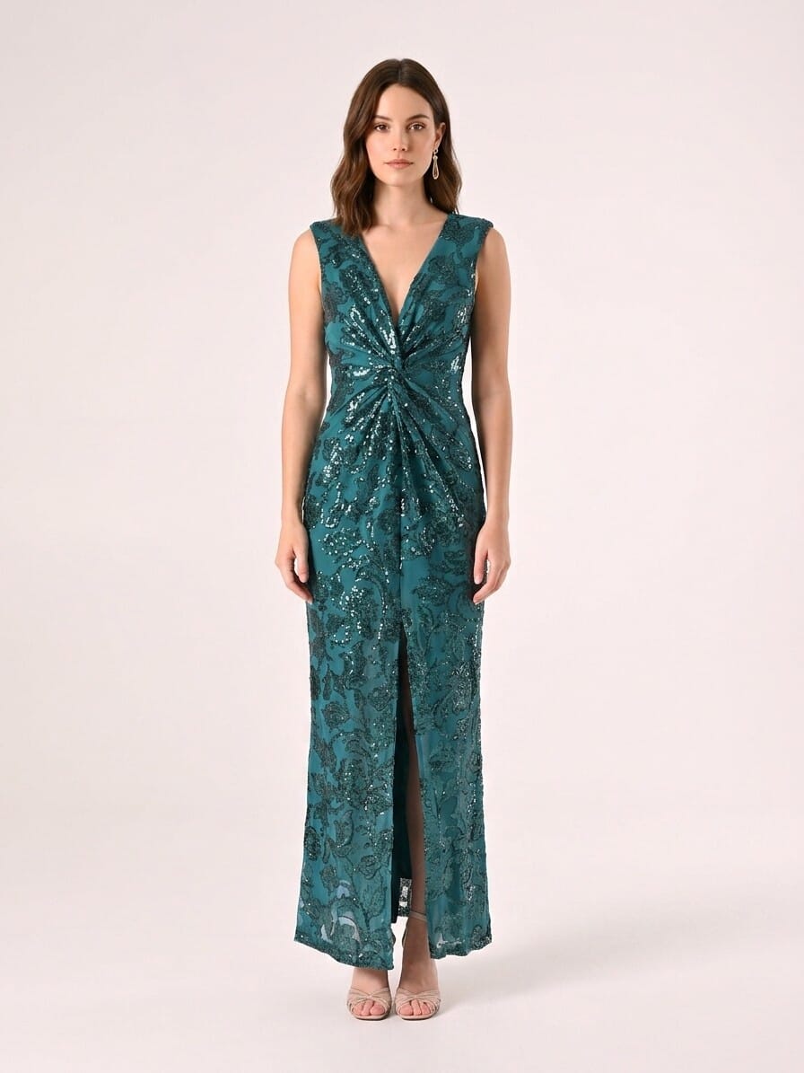 Rinascimento Long Mesh Sheath Dress With Sequins And Front Slit