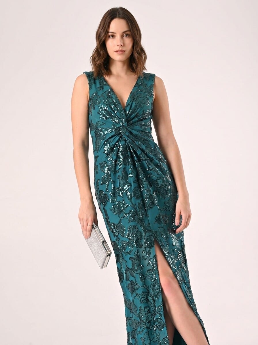 Rinascimento Long Mesh Sheath Dress With Sequins And Front Slit