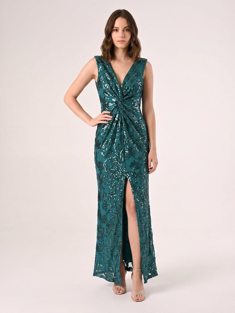 Rinascimento Long Mesh Sheath Dress With Sequins And Front Slit