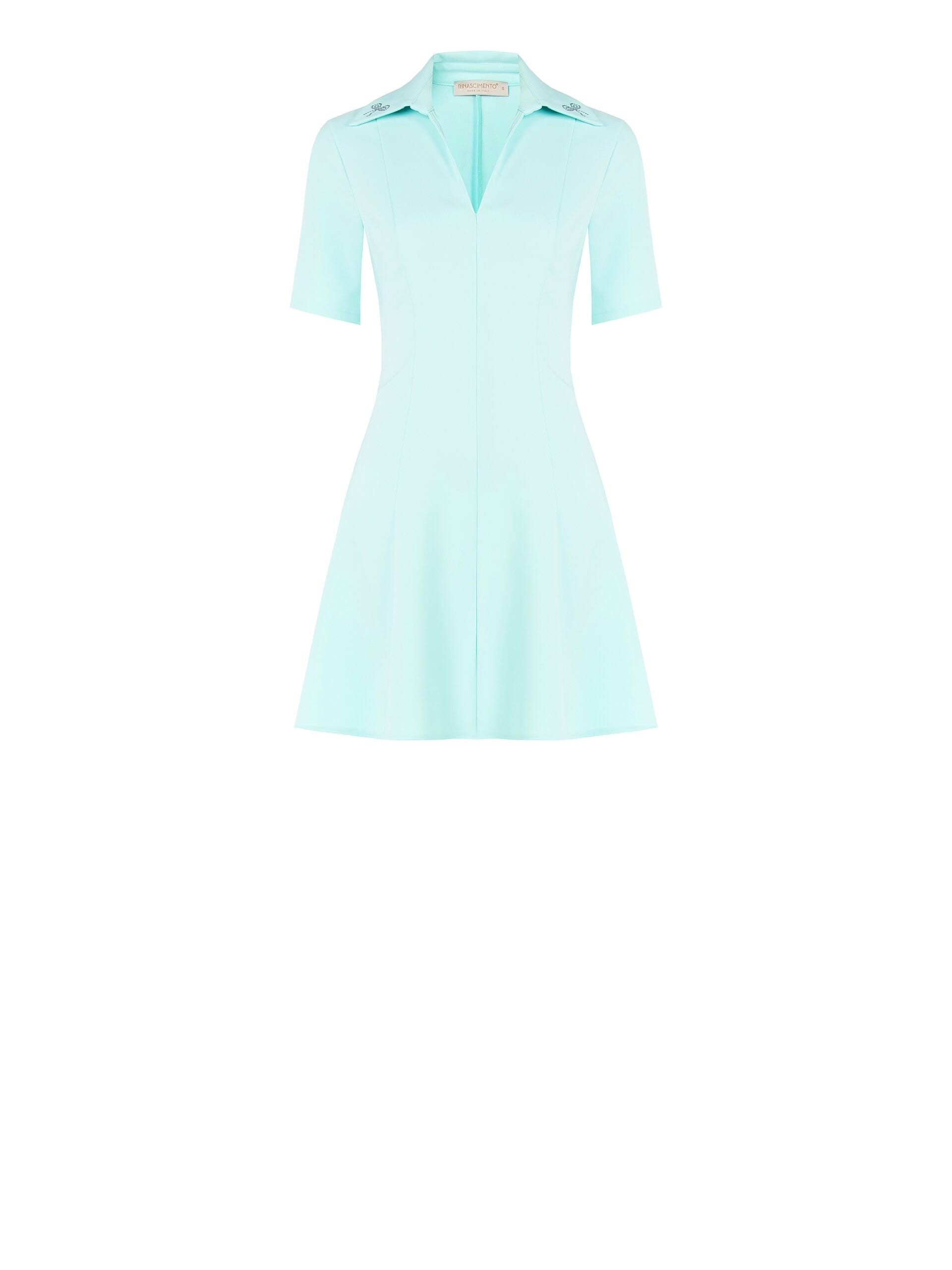 Abito Corto A Ruota In Tessuto Bi-Stretch Con Scollo A V E Fiocco In Strass Sul Colletto Rinascimento