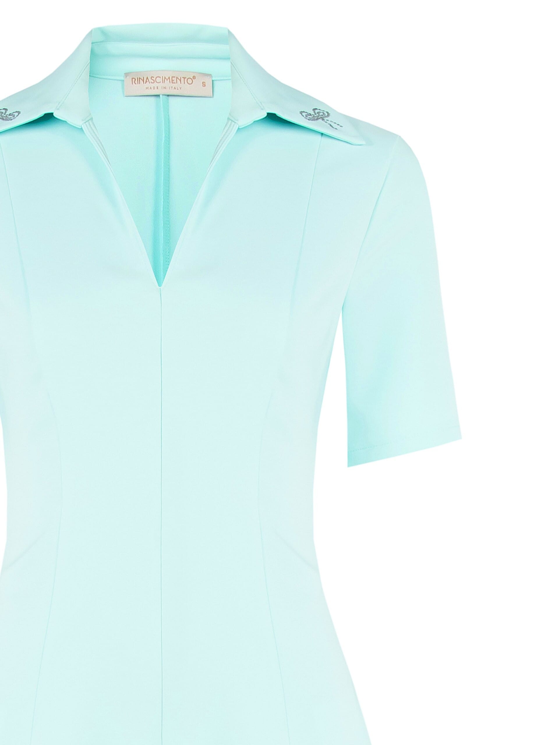 Abito Corto A Ruota In Tessuto Bi-Stretch Con Scollo A V E Fiocco In Strass Sul Colletto Rinascimento