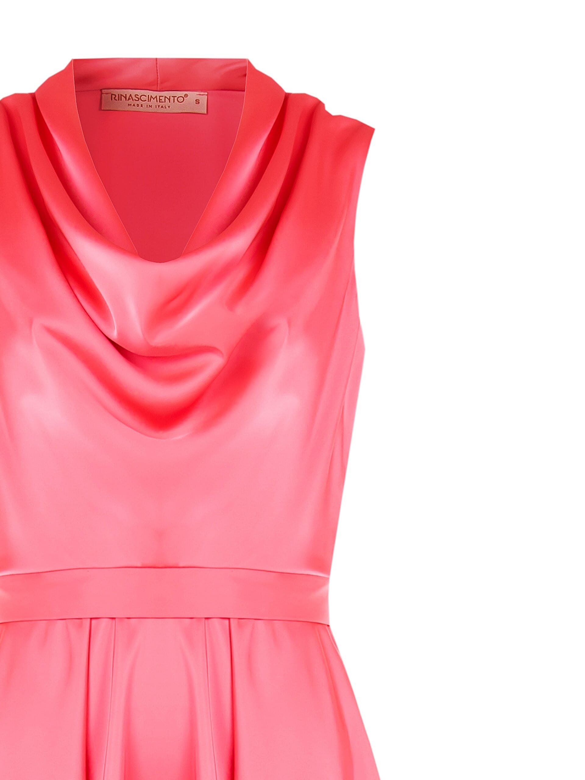 Rinascimento Short Satin Ruched Satin Dress with Bow Back and Ring Neckline