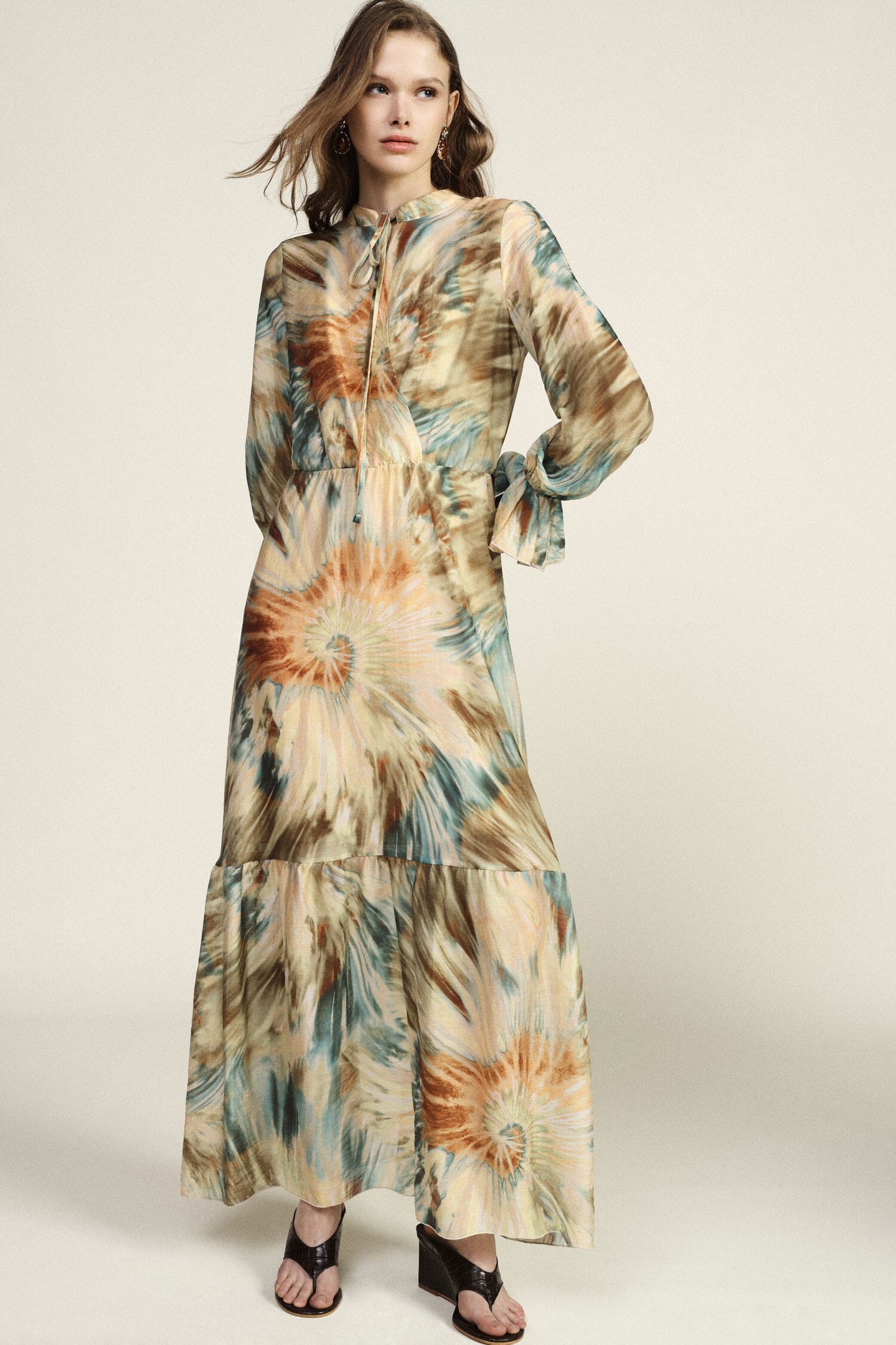 Abito Lungo Stampa Acquerello Con Maniche Arricciate Dixie