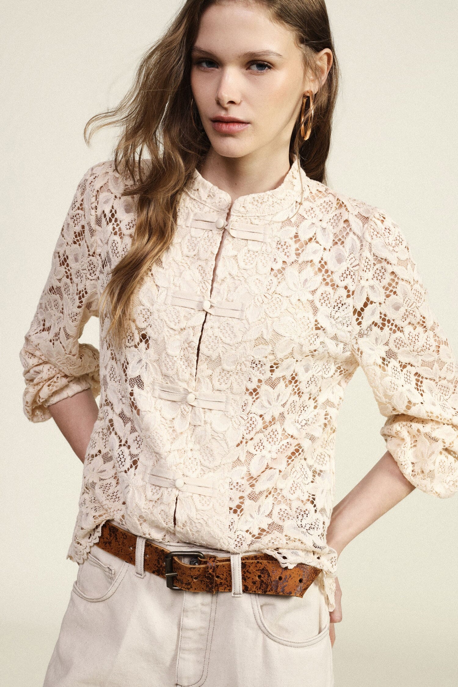Lace Blouse With Long Sleeves And Dixie Knot Detailing
