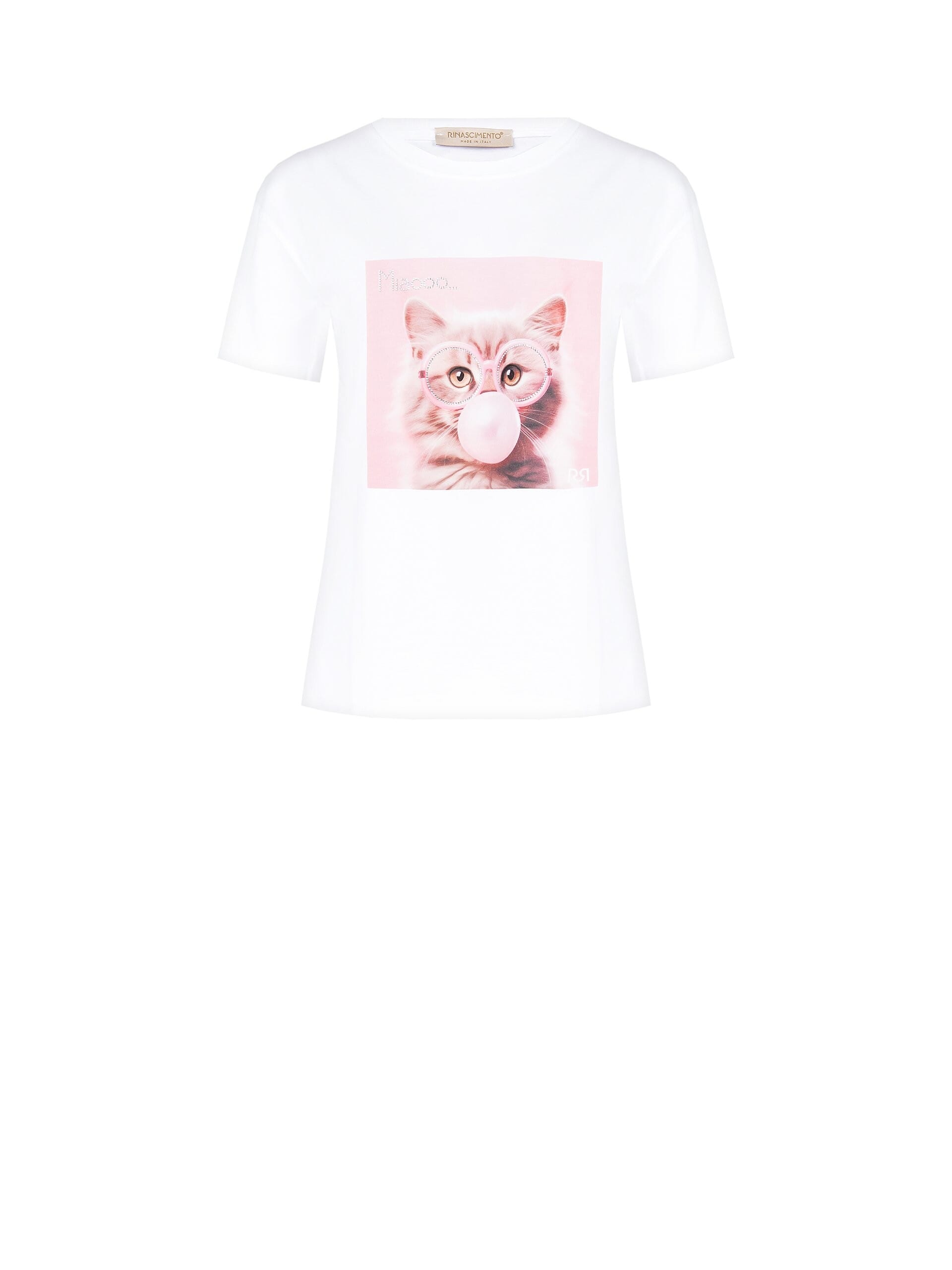 Cotton Regular T-Shirt with Cat Print and Rhinestone Glasses Rinascimento