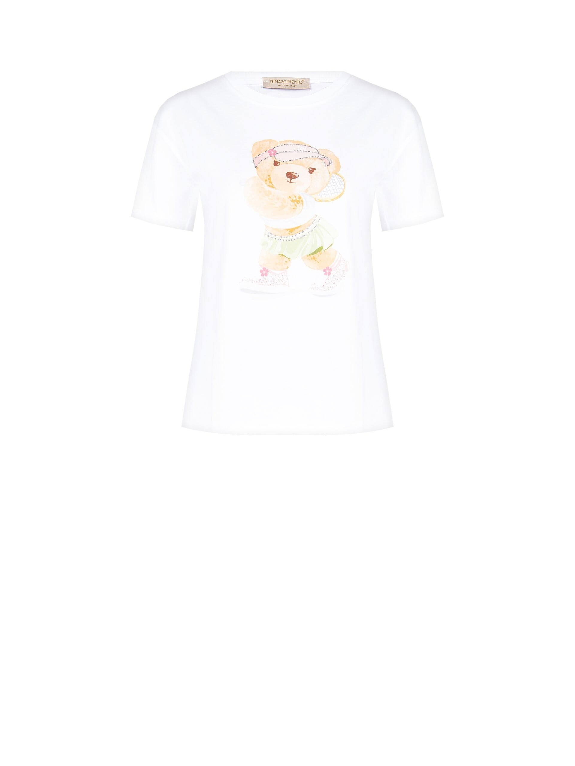Regular Cotton T-Shirt with Tennis Bear Print and Rhinestone Rinascimento