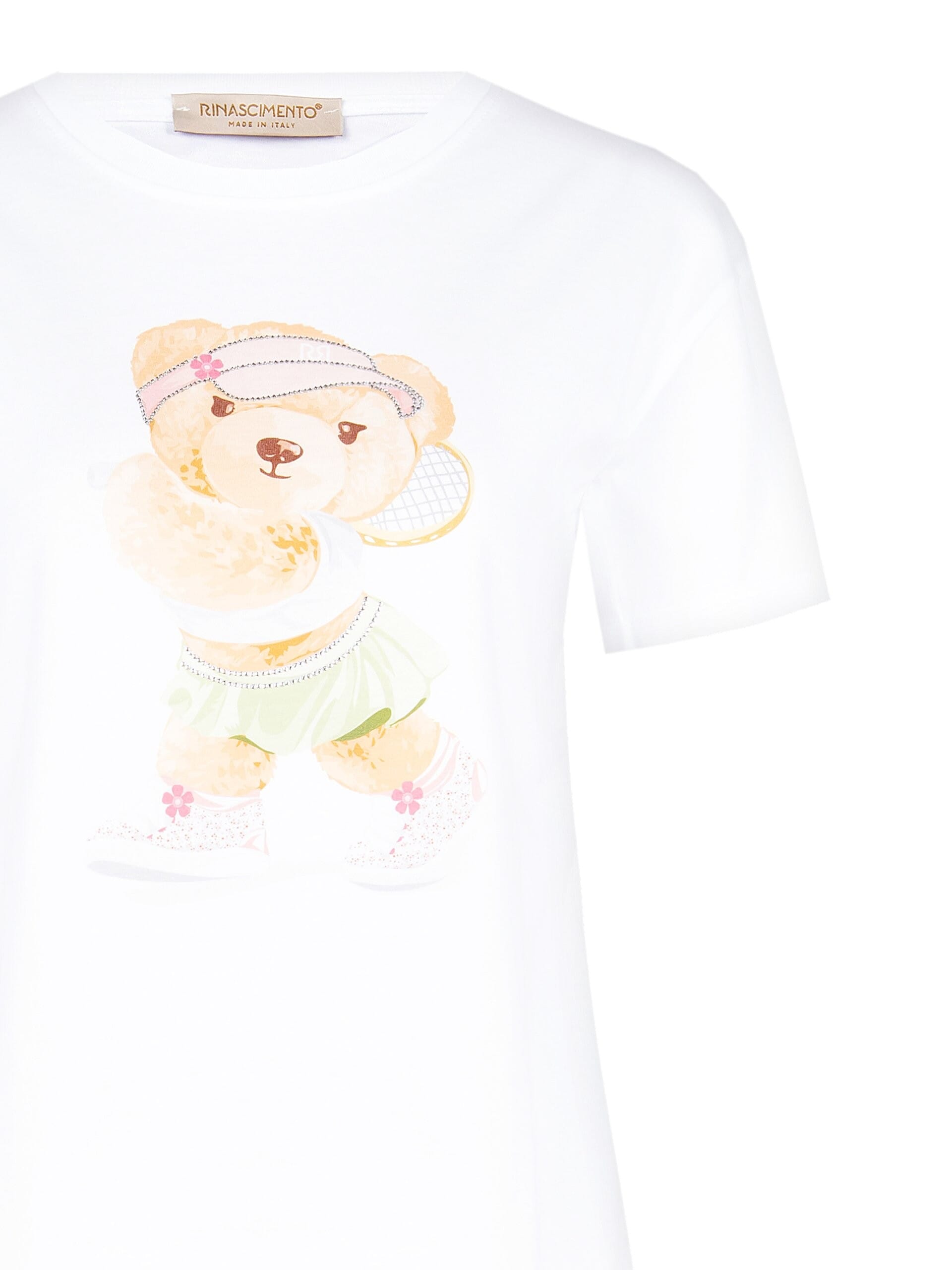 Regular Cotton T-Shirt with Tennis Bear Print and Rhinestone Rinascimento