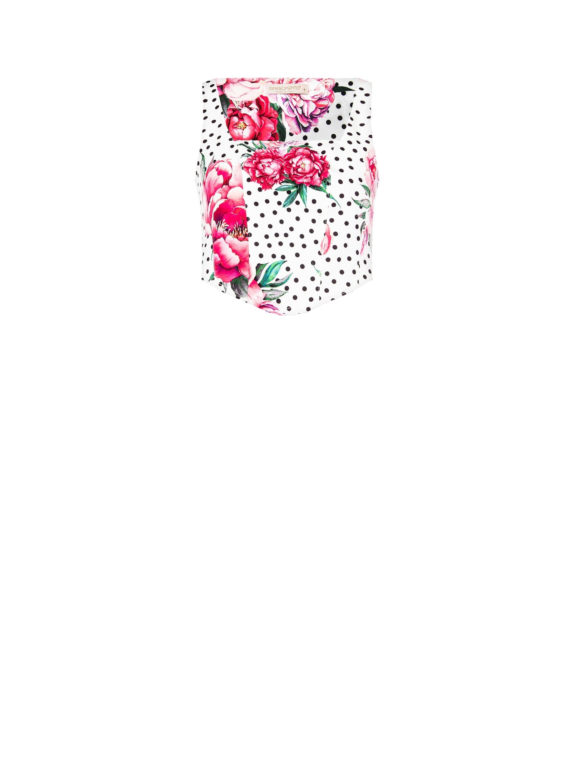 Flower and Polka Dot Print Crepe Fabric Bustier Crop Top with Square Neckline and Side Zip Rinascimento