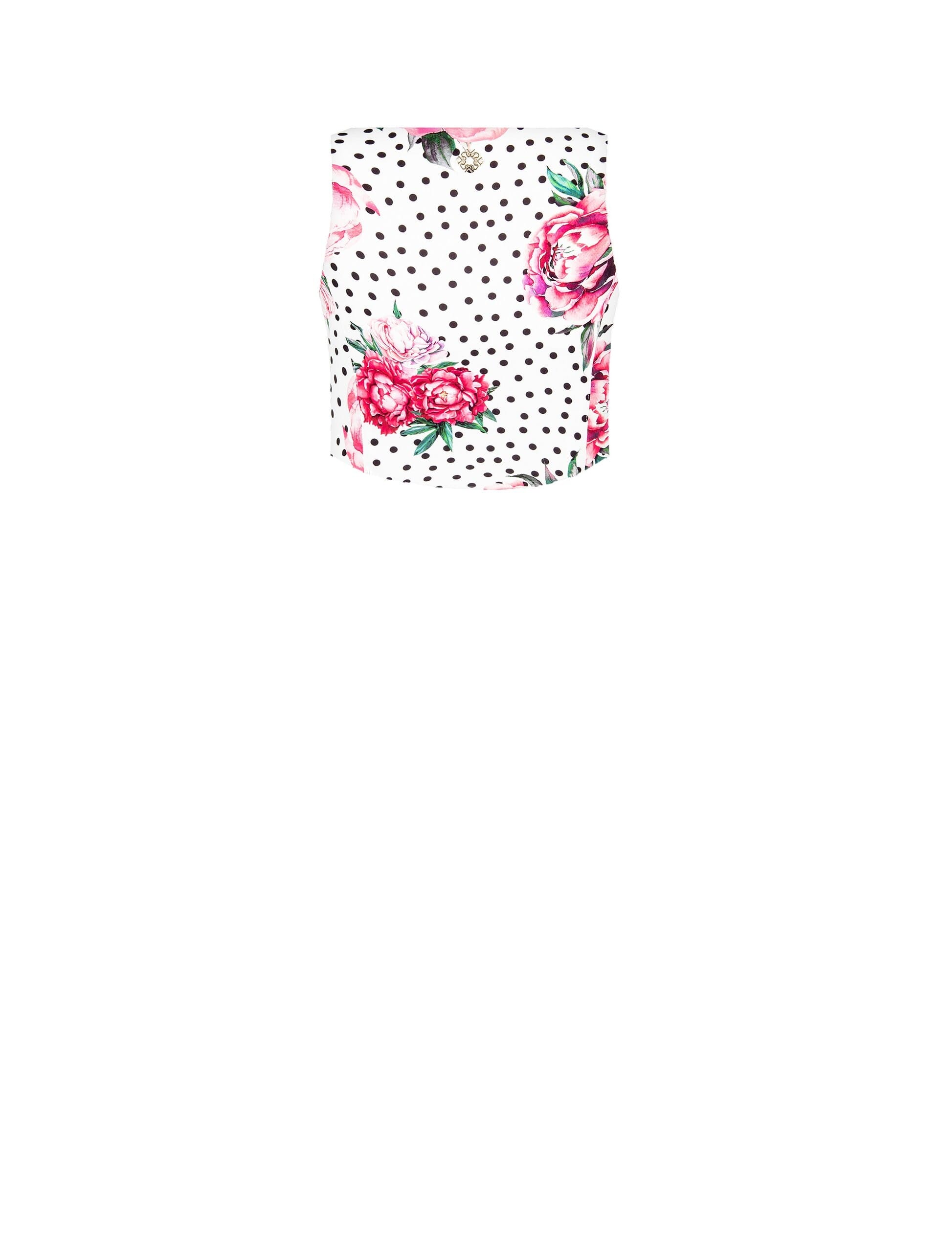 Flower and Polka Dot Print Crepe Fabric Bustier Crop Top with Square Neckline and Side Zip Rinascimento