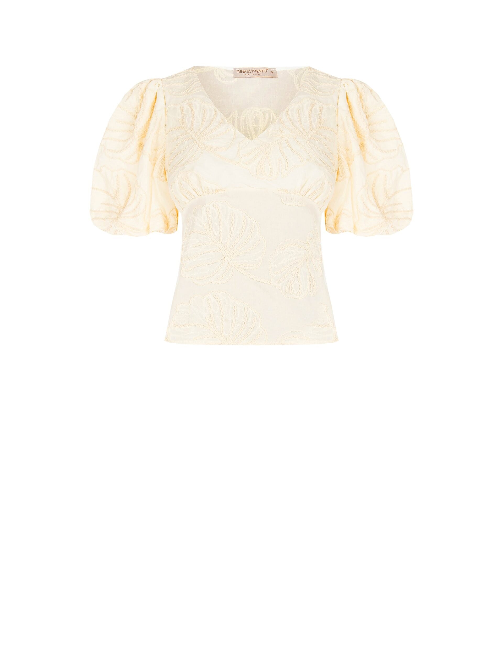 Rinascimento Folded Cotton Top With Leaf Embroidery And V-Neckline
