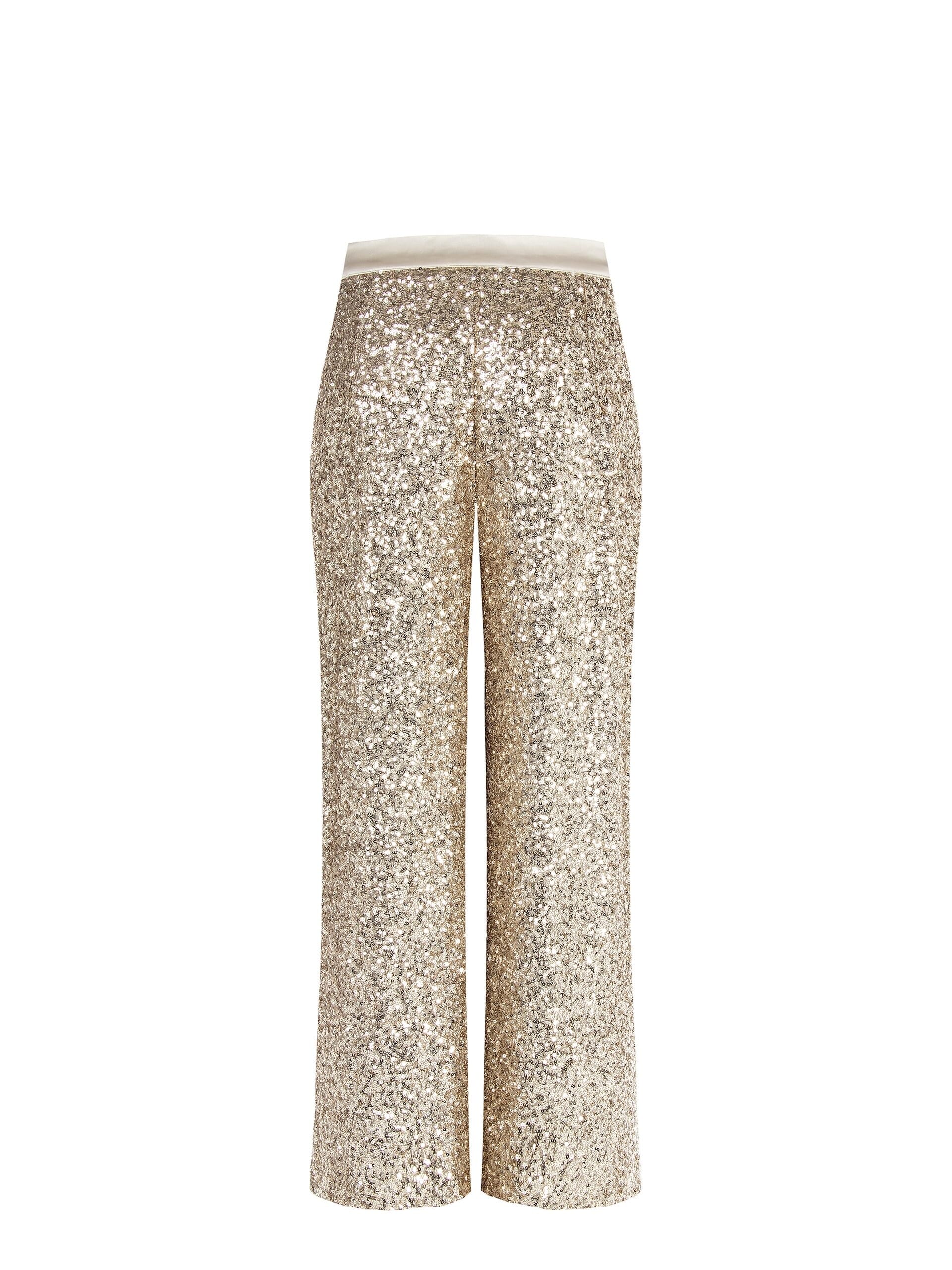 Sequin-covered Palace Trousers With Satin Waist And Button Satin Rinascimento