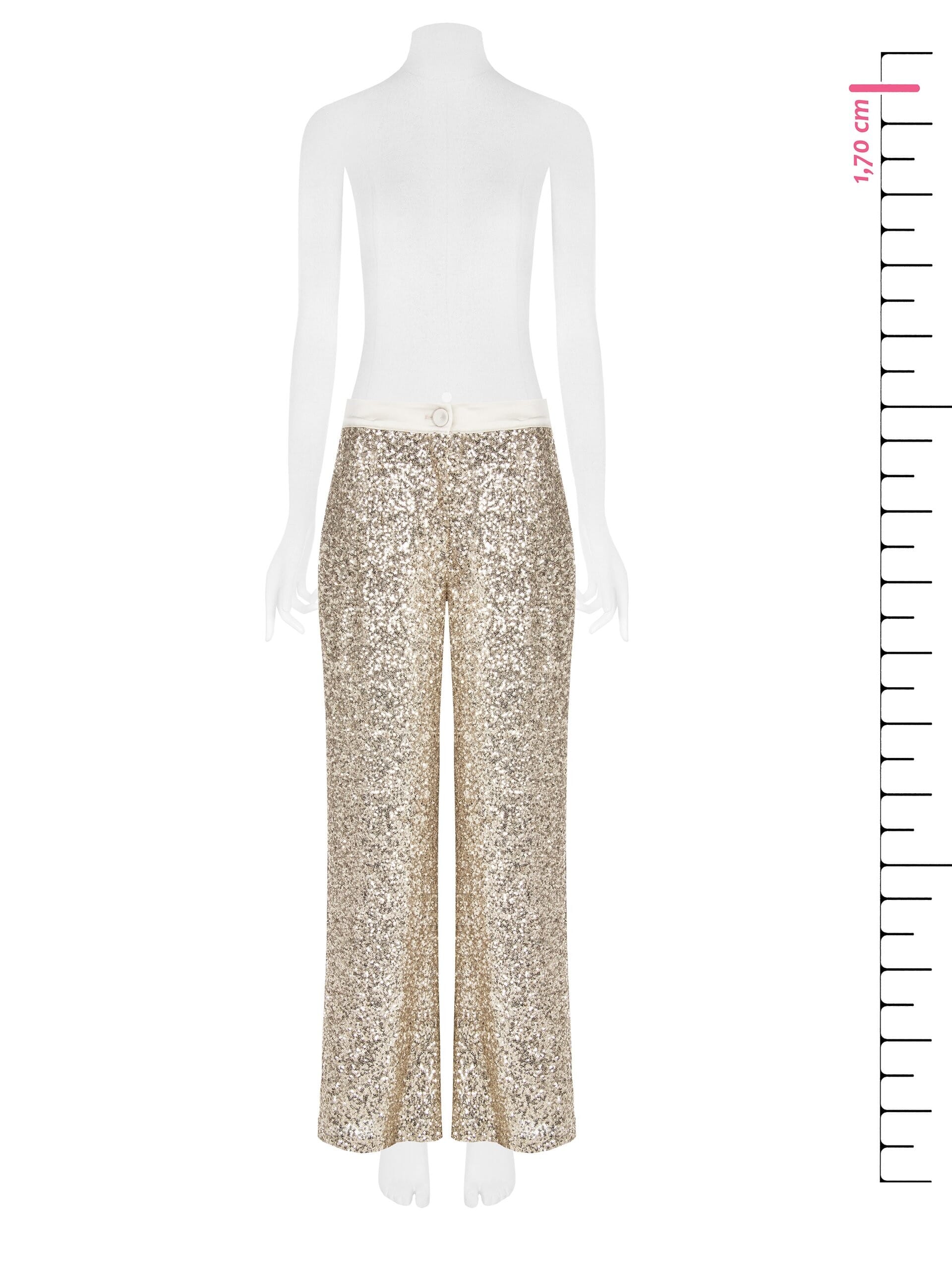 Sequin-covered Palace Trousers With Satin Waist And Button Satin Rinascimento