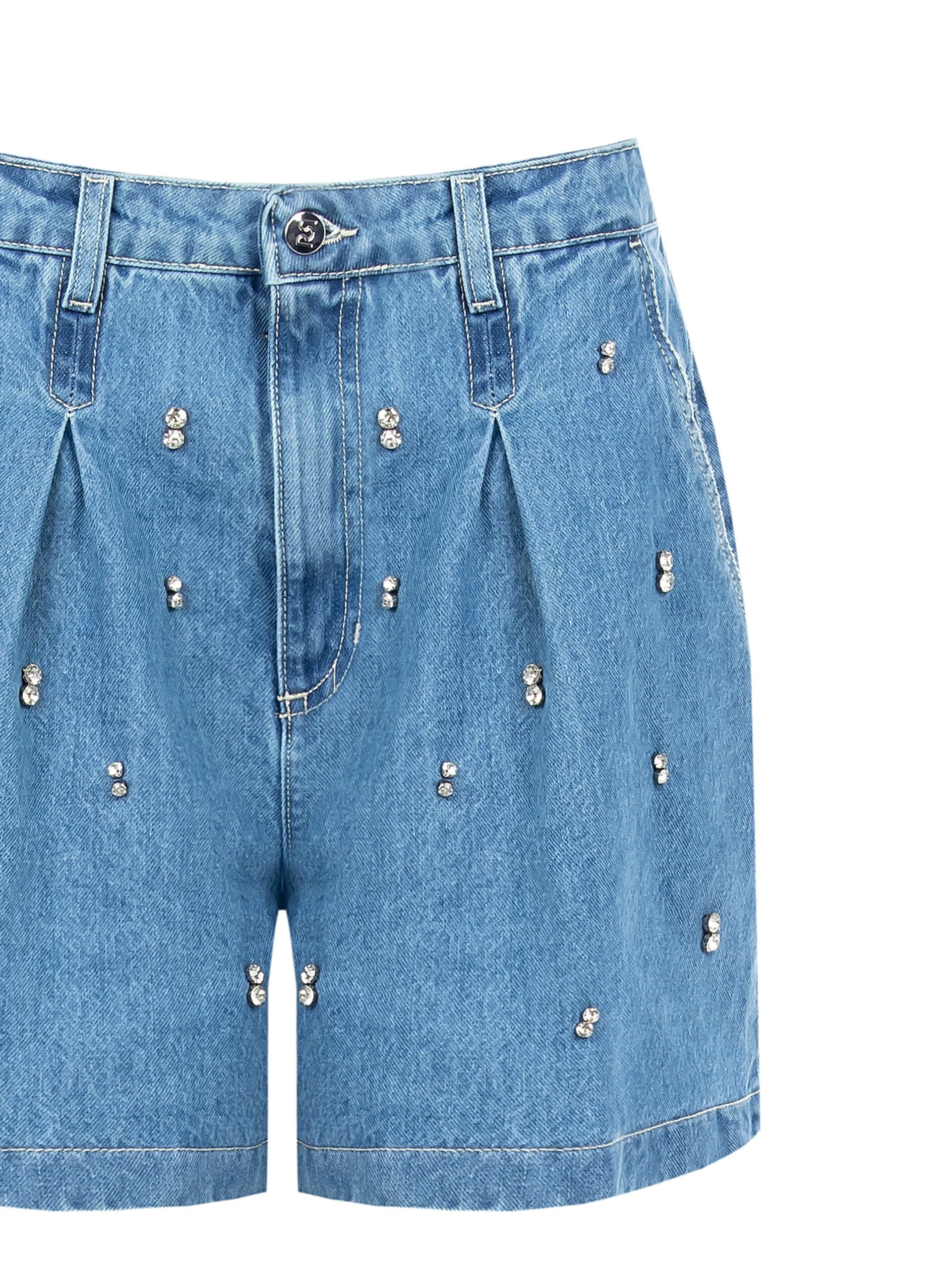Denim Cropped Cropped Trousers With Darts And Cabochon Crystals Rinascimento