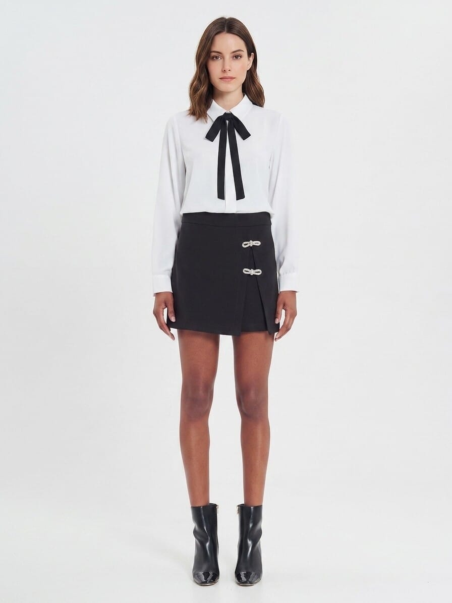 Bistretch Fabric Miniskirt With Rhinestone Bowknot Rinascimento