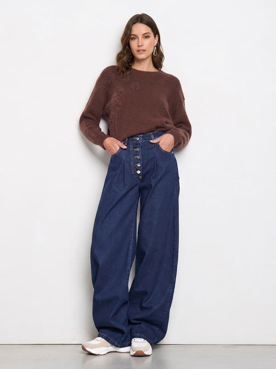 Wide Sweater With Embossed Flowers Rinascimento