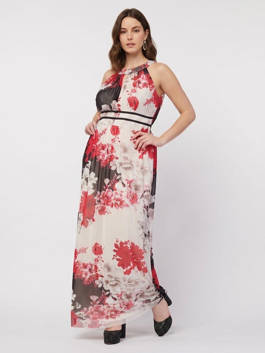 Abito Lungo Accollato In Tulle Stampato Rinascimento Curvy