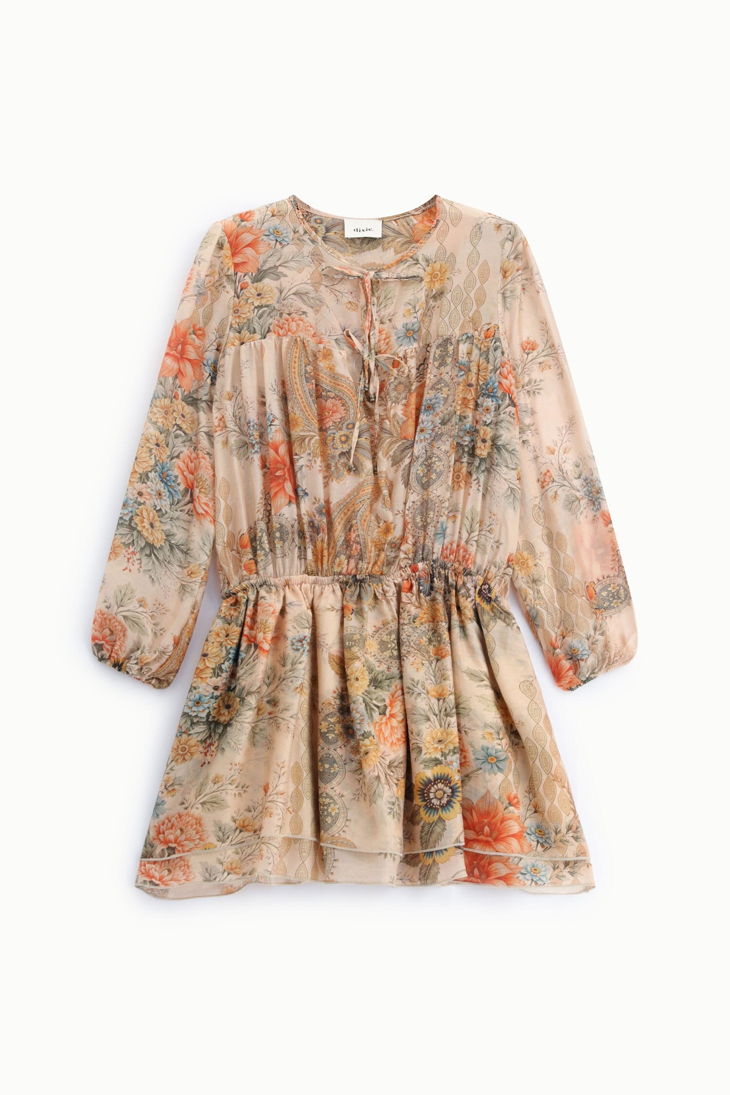 Short Dress With Floral Print And Dixie Tie Neckline