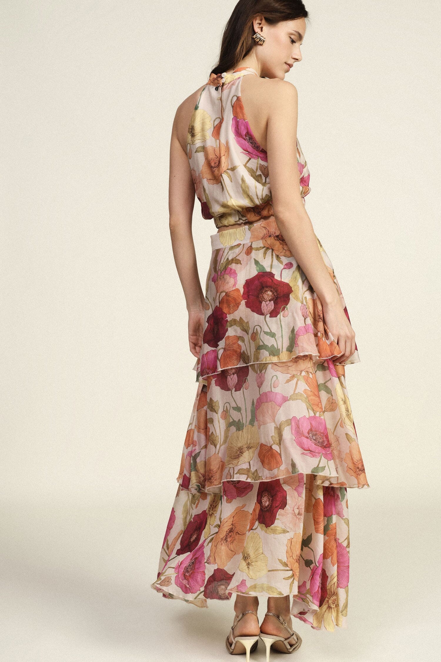Jupe longue à volants avec imprimé floral asymétrique Dixie