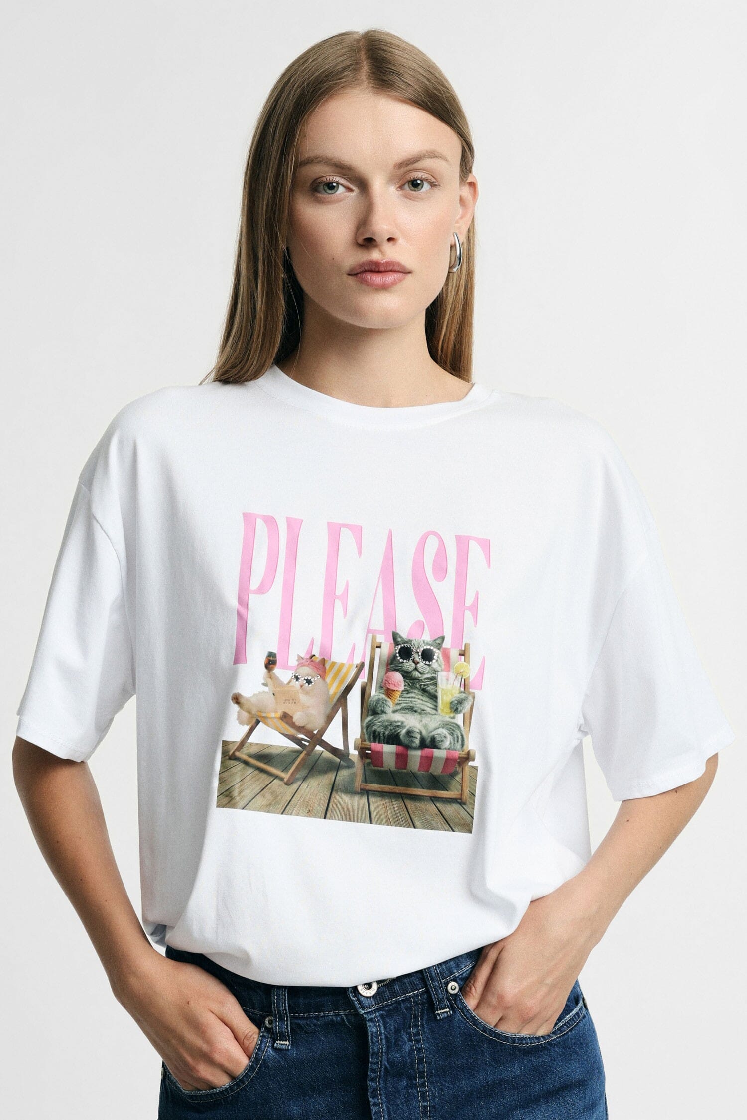 T-Shirt Ampia Stampa Centrale Lettering E Animali Please