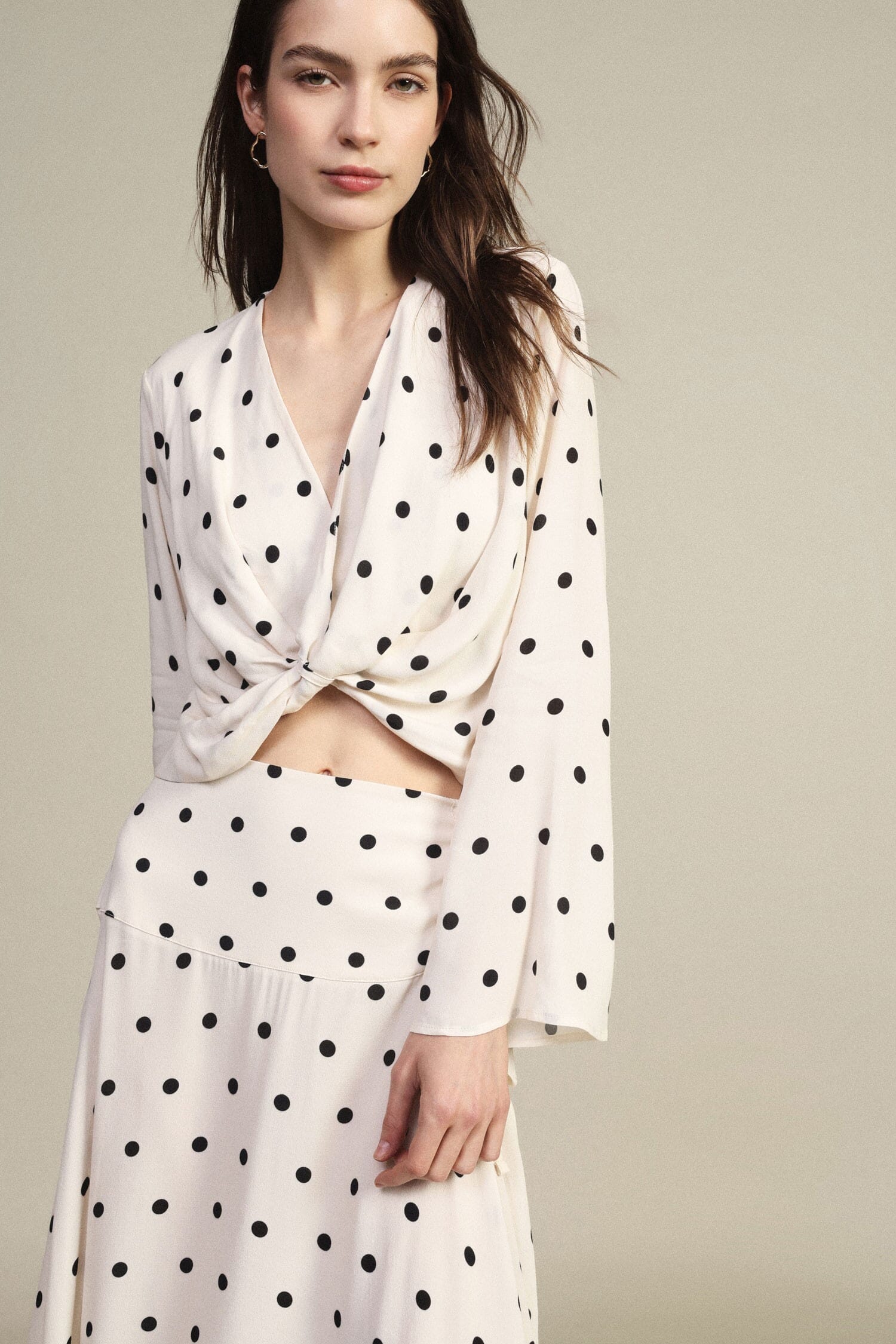 Cropped Polka Dot Pattern Top with Front Knot Dixie