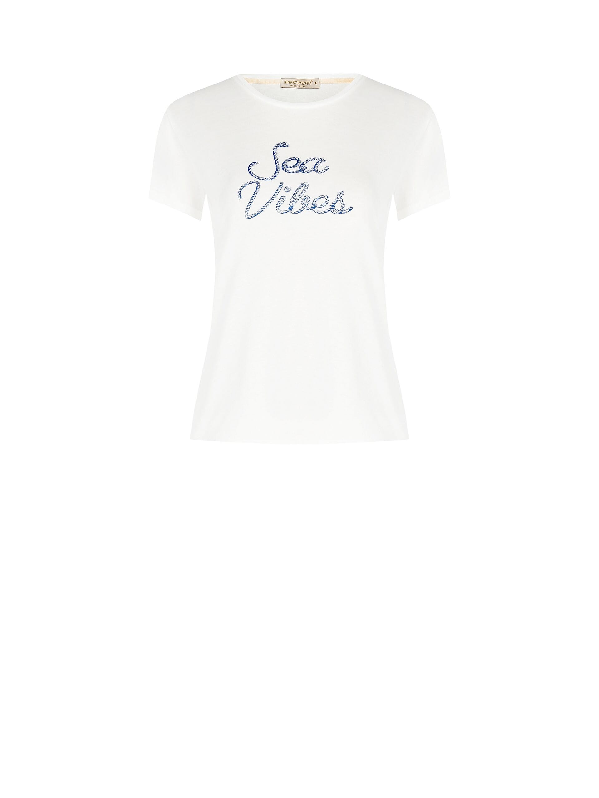 T- Shirt Regular In Cotone Stampa Navy E Strass Rinascimento