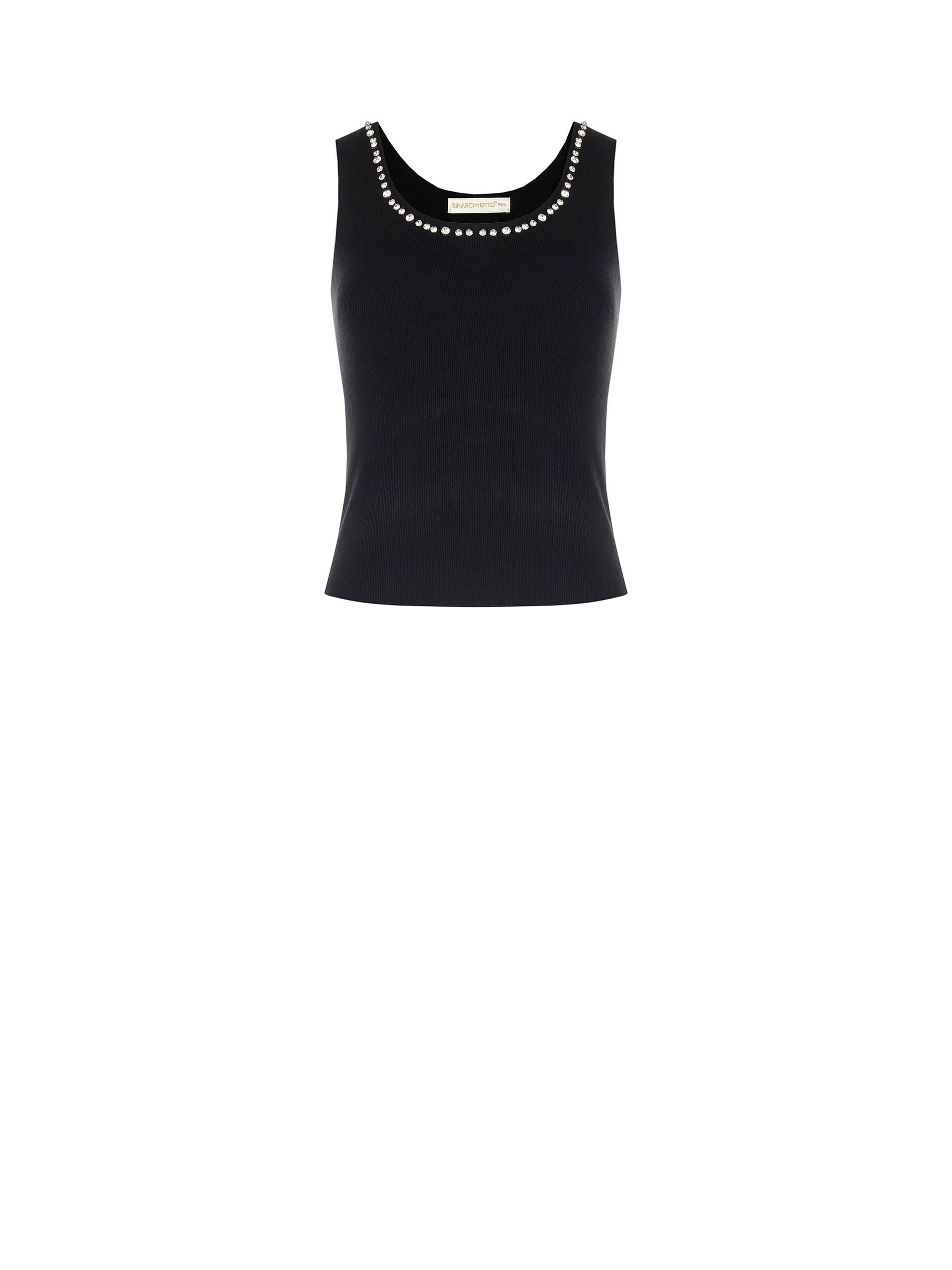 Top In Misto Viscosa A Coste Sottili Con Cristalli Cabochon Sull Scollo Rinascimento