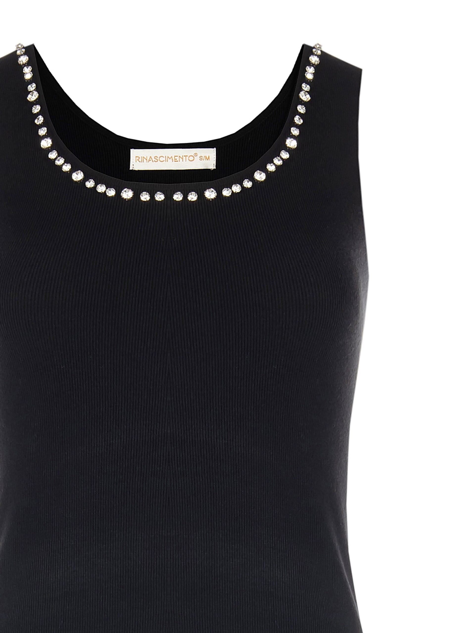 Top In Misto Viscosa A Coste Sottili Con Cristalli Cabochon Sull Scollo Rinascimento