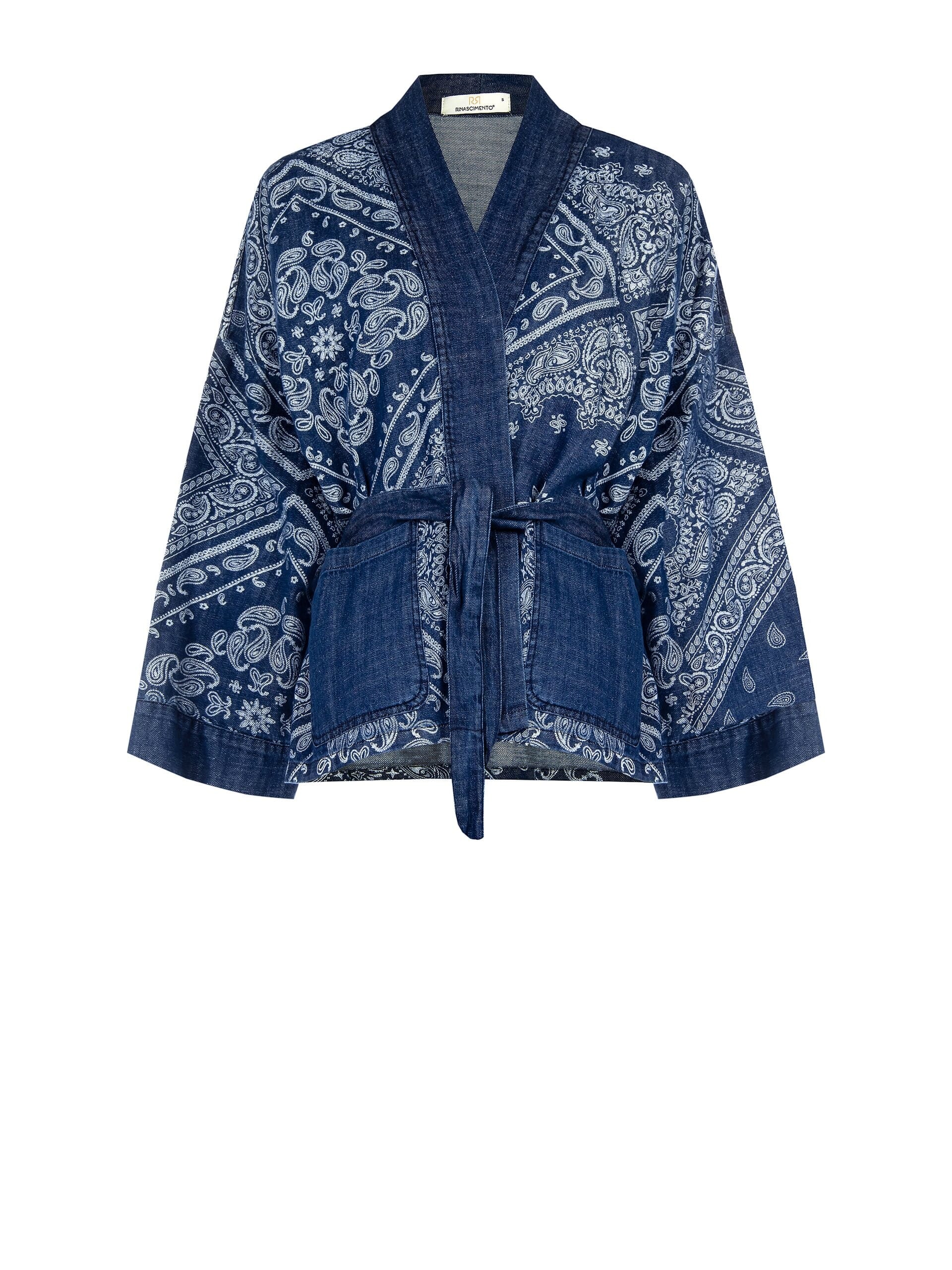Veste kimono en denim imprimé avec ceinture coordonnée Rinascimento