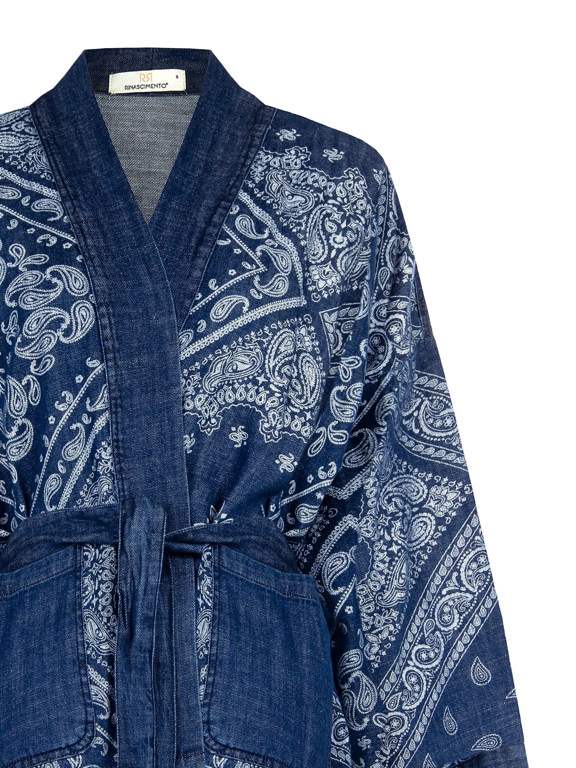 Veste kimono en denim imprimé avec ceinture coordonnée Rinascimento
