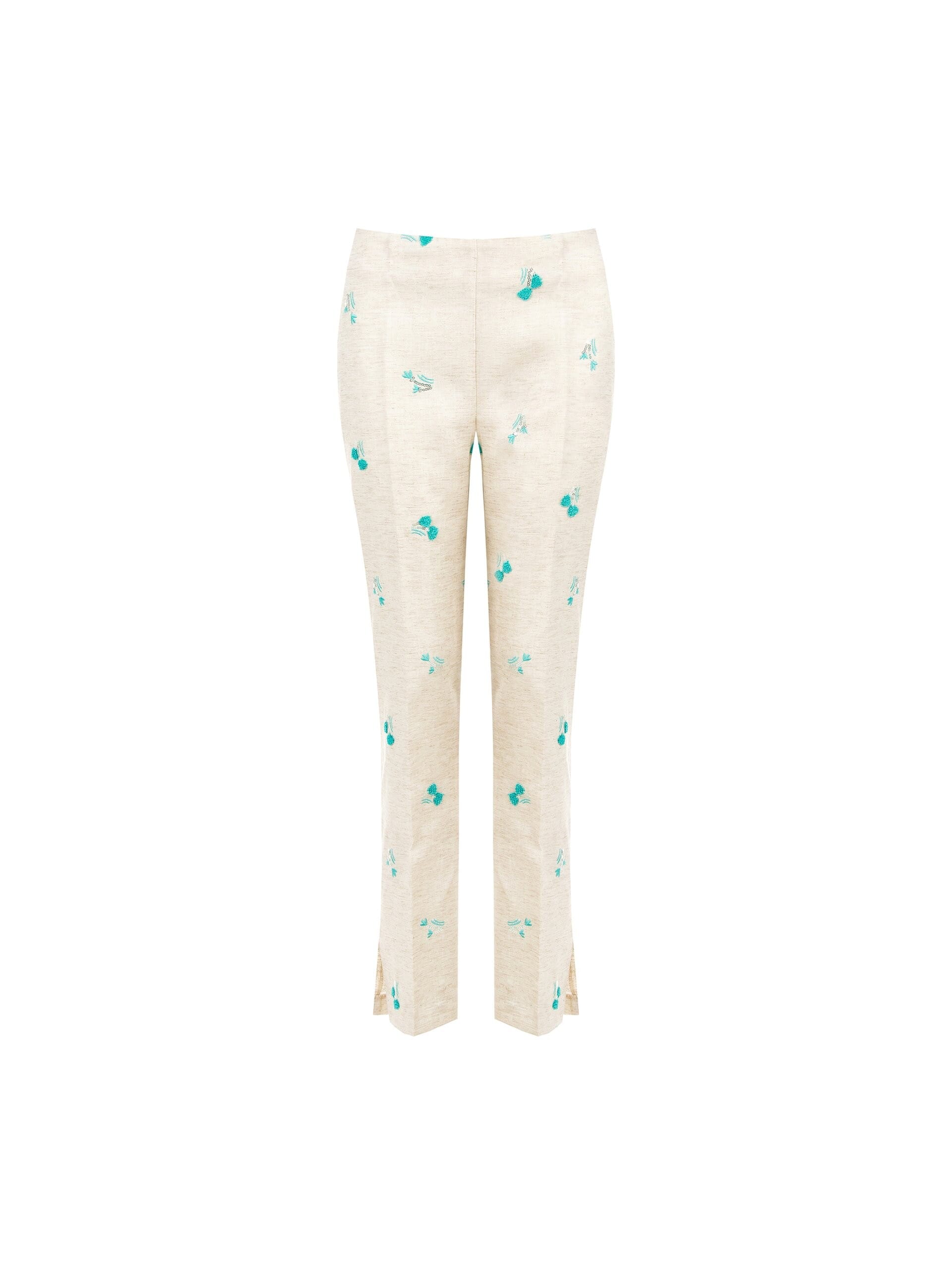 Pantaloni A Sigaretta In Misto Lyocell E Lino Con Ricami Di Tulipani E Paillettes Rinascimento