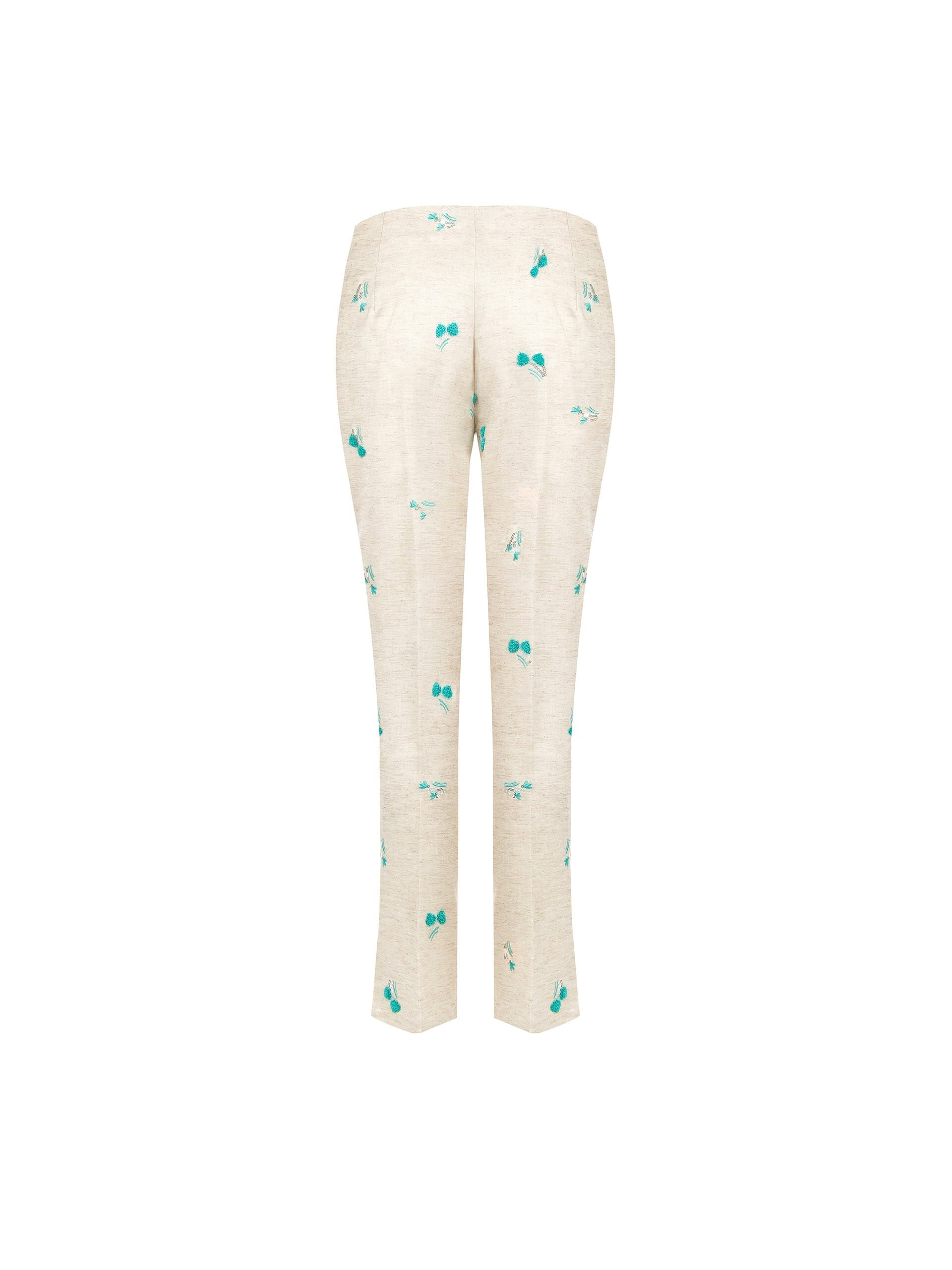 Pantaloni A Sigaretta In Misto Lyocell E Lino Con Ricami Di Tulipani E Paillettes Rinascimento