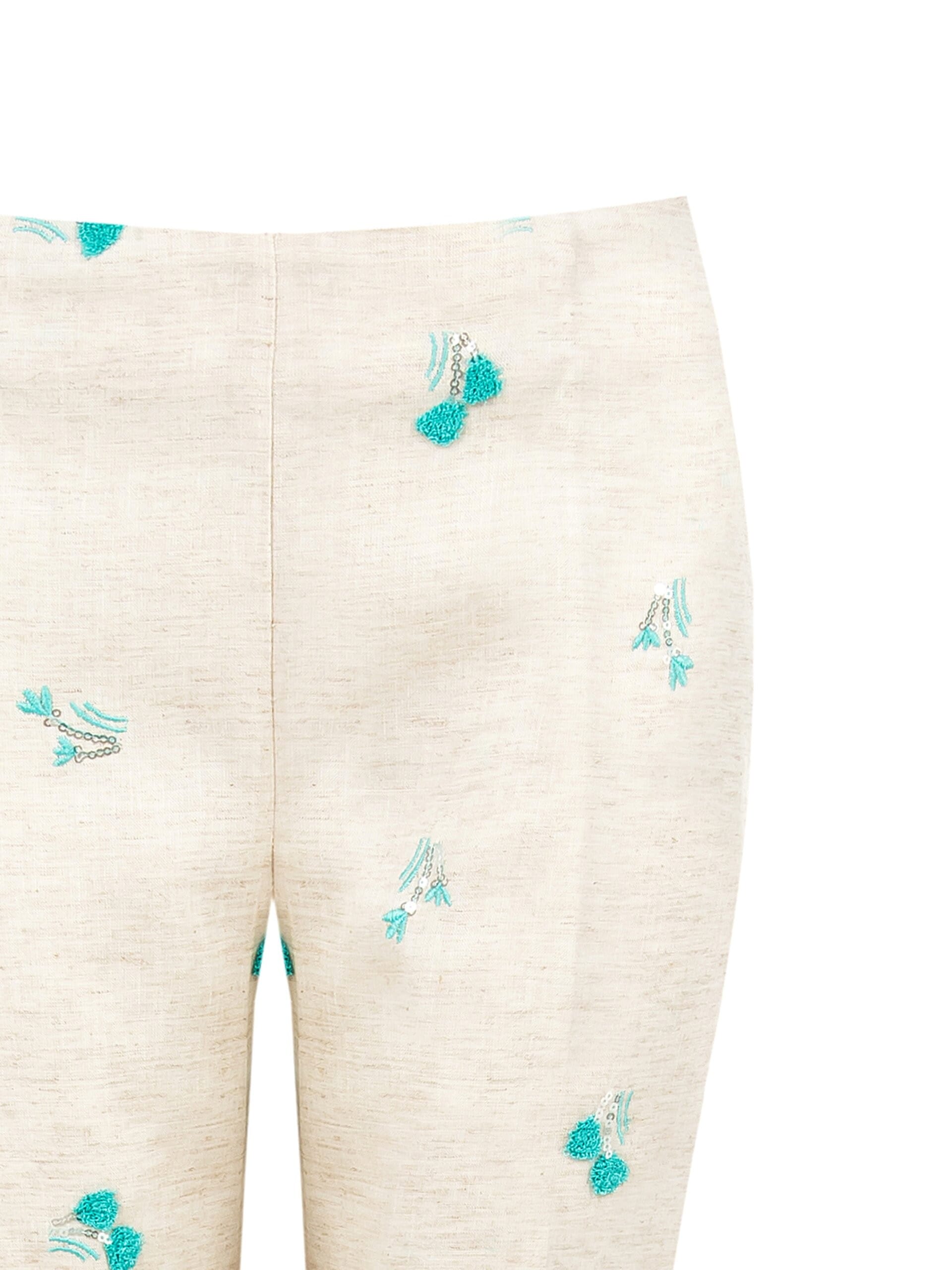 Pantaloni A Sigaretta In Misto Lyocell E Lino Con Ricami Di Tulipani E Paillettes Rinascimento