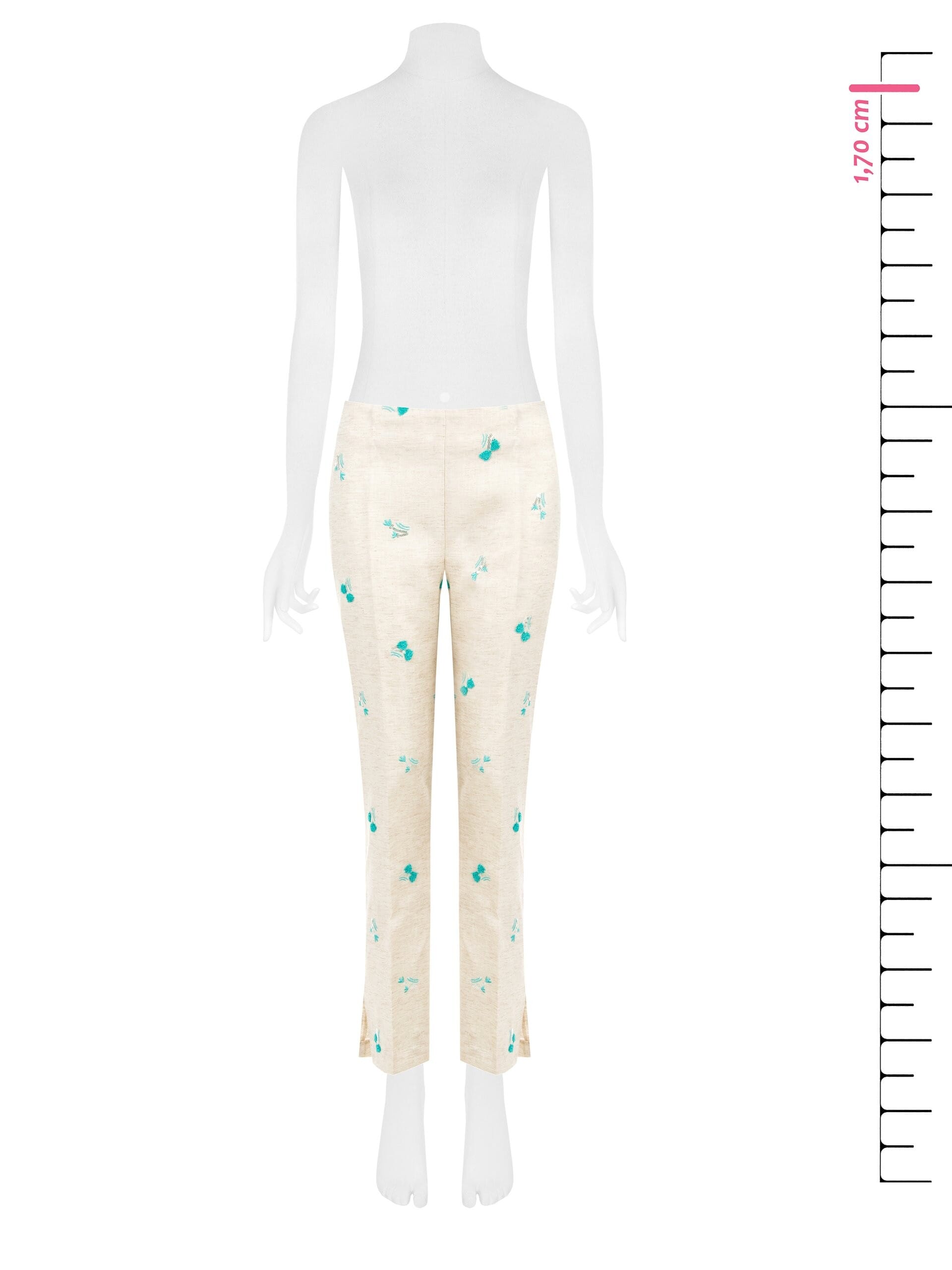 Pantaloni A Sigaretta In Misto Lyocell E Lino Con Ricami Di Tulipani E Paillettes Rinascimento