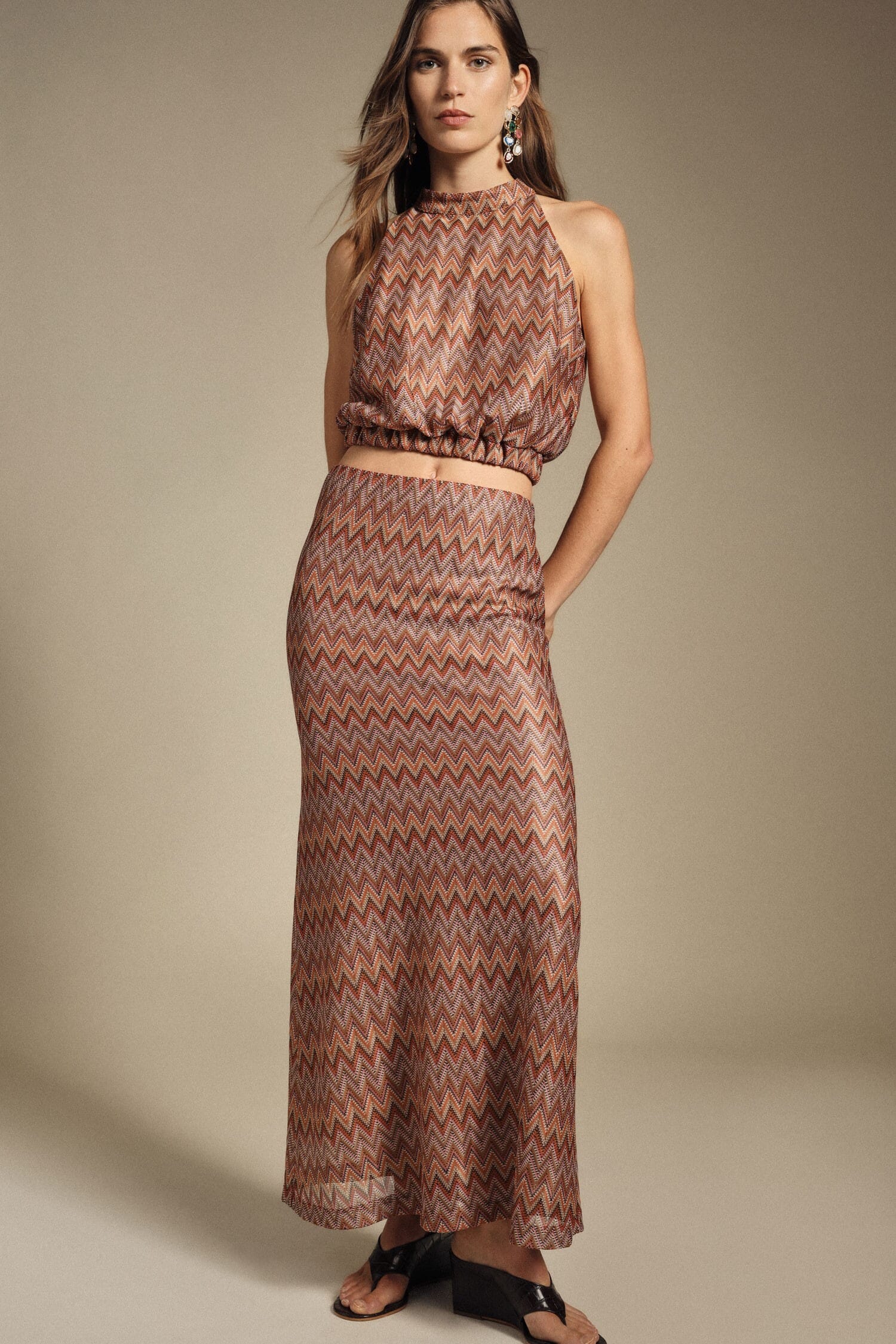 Dixie High Waist Zig Zag Print Long Skirt (jupe longue à taille haute imprimée en zigzag)