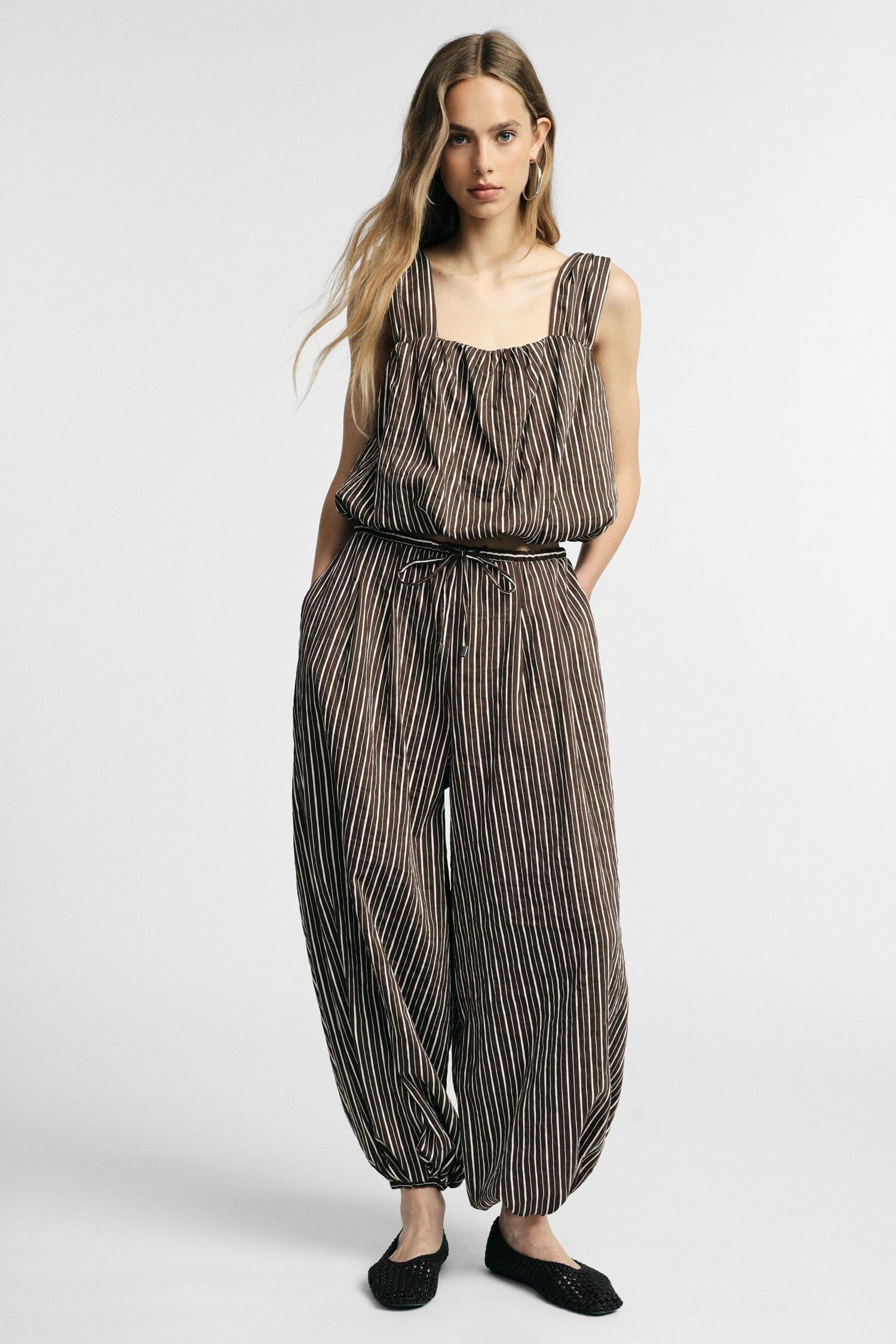 Wide Striped Trousers With Drawstring Waist Please
